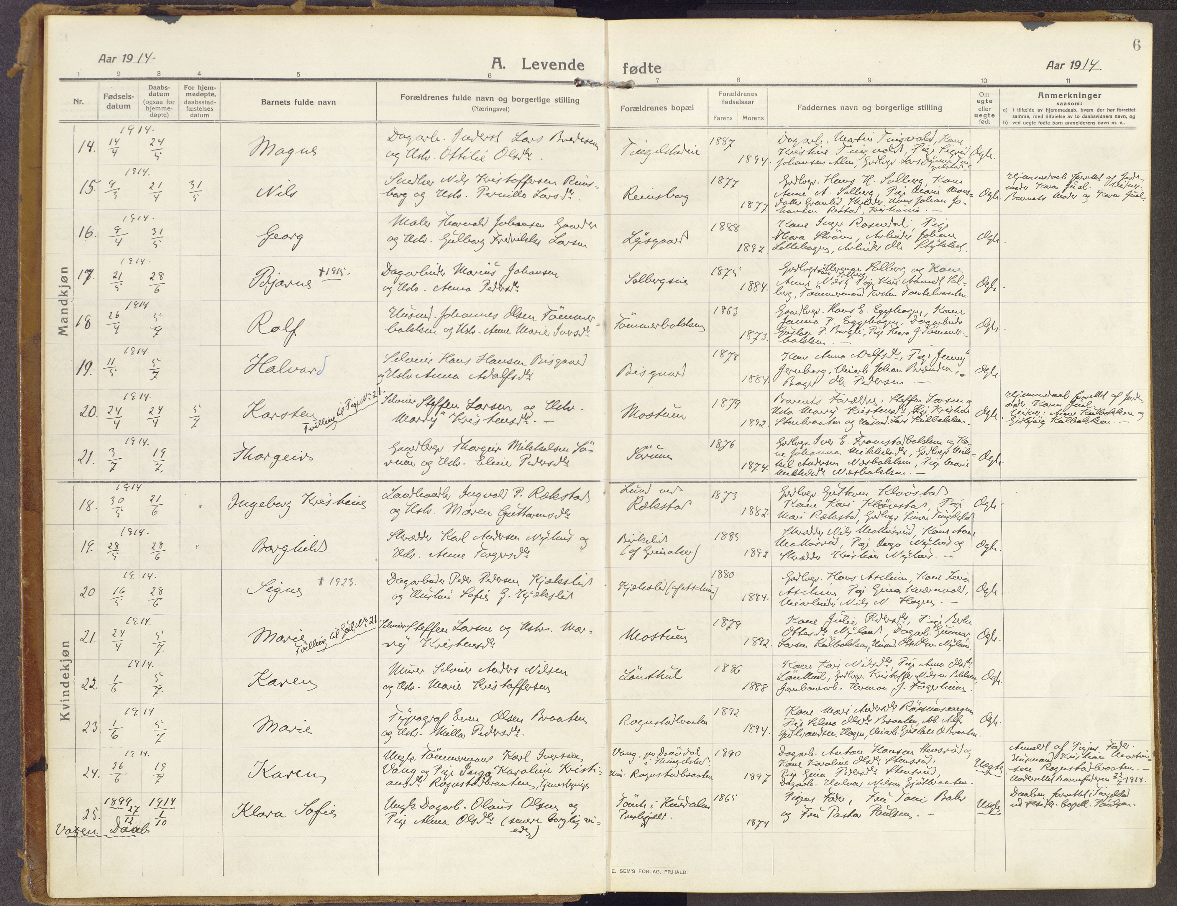 Brandbu prestekontor, SAH/PREST-114/H/Ha/Haa/L0003: Parish register (official) no. 3, 1914-1928, p. 6