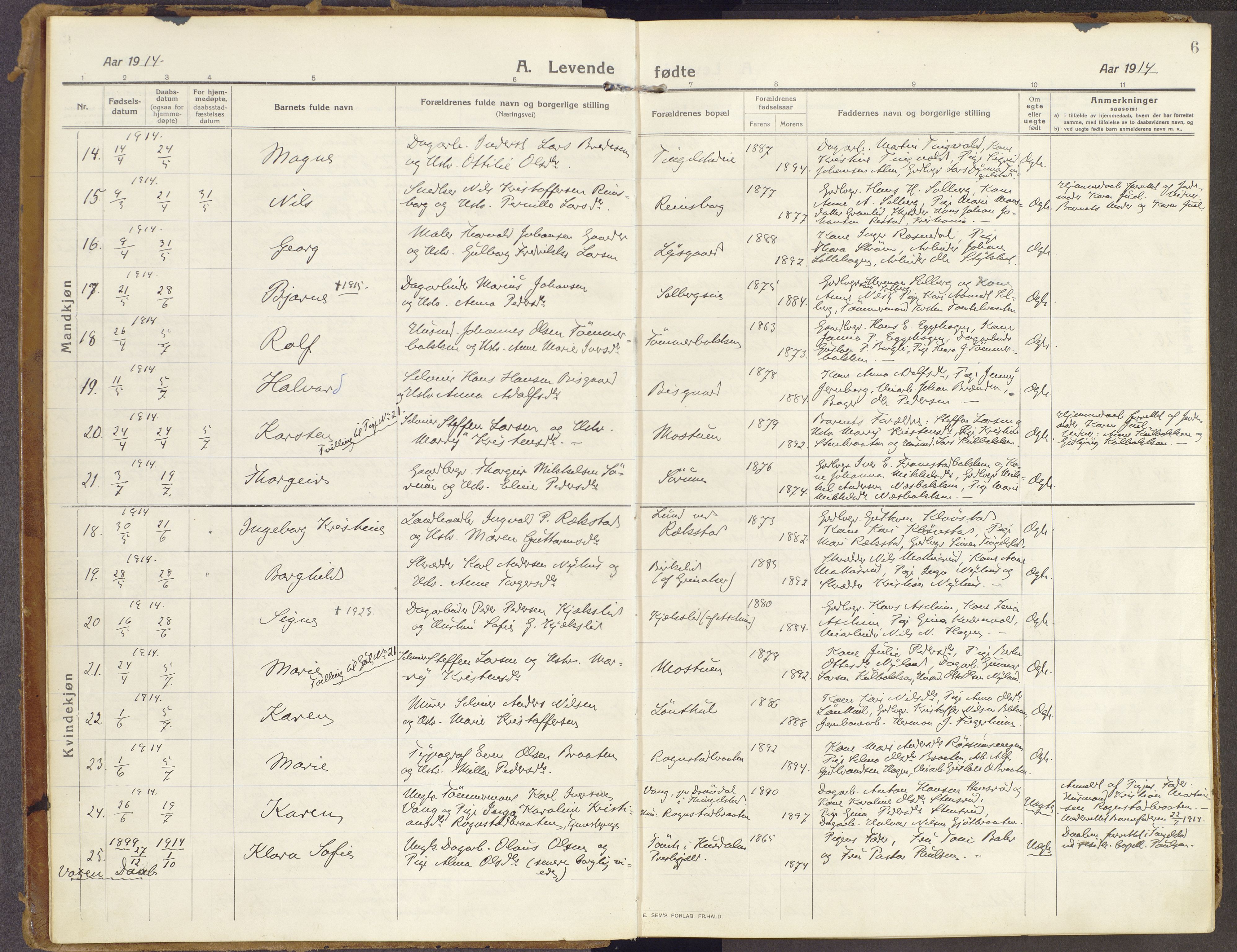 Brandbu prestekontor, AV/SAH-PREST-114/H/Ha/Haa/L0003: Parish register (official) no. 3, 1914-1928, p. 6