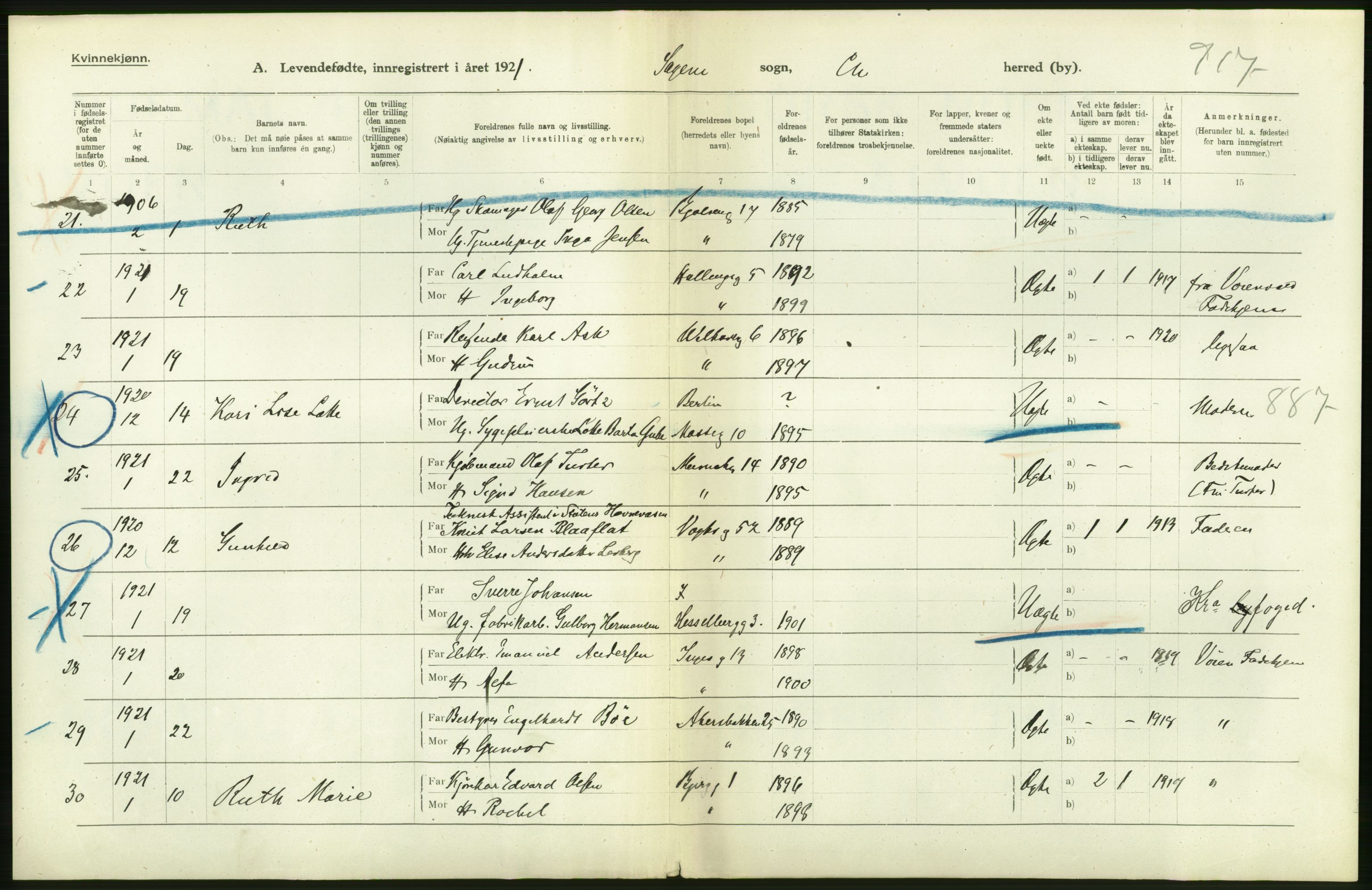 Statistisk sentralbyrå, Sosiodemografiske emner, Befolkning, RA/S-2228/D/Df/Dfc/Dfca/L0010: Kristiania: Levendefødte menn og kvinner., 1921, p. 238