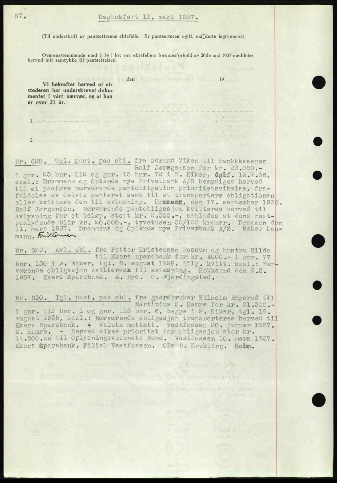 Eiker, Modum og Sigdal sorenskriveri, SAKO/A-123/G/Ga/Gab/L0035: Mortgage book no. A5, 1937-1937, Diary no: : 628/1937