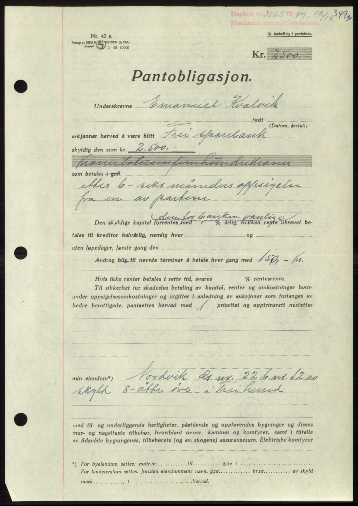 Nordmøre sorenskriveri, AV/SAT-A-4132/1/2/2Ca: Mortgage book no. B103, 1949-1950, Diary no: : 3565/1949