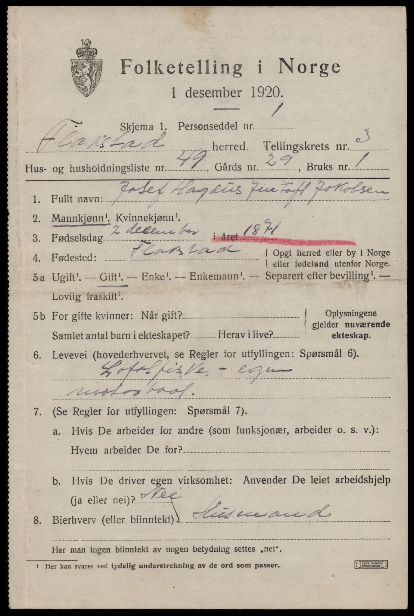 SAT, 1920 census for Flakstad, 1920, p. 2805