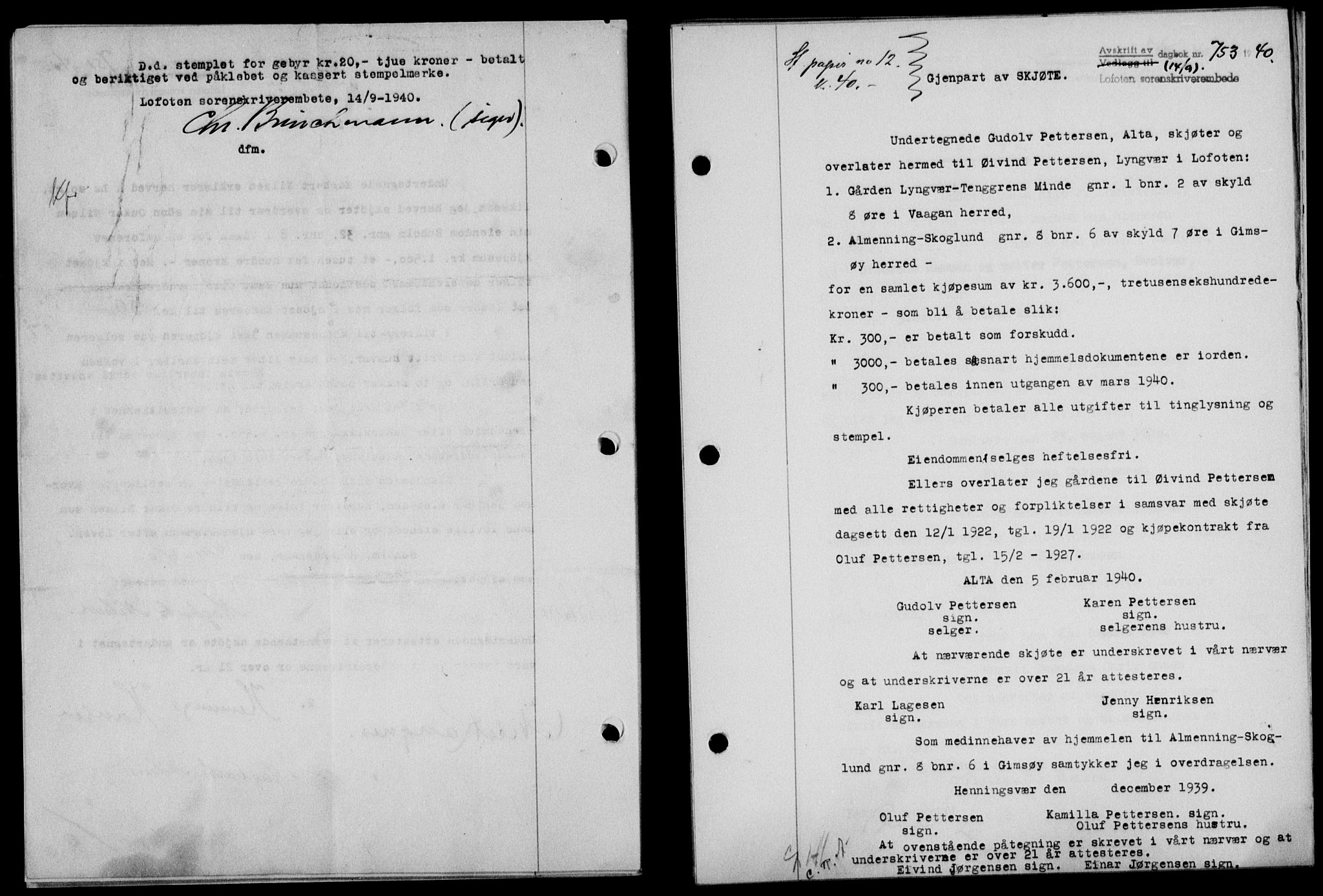 Lofoten sorenskriveri, SAT/A-0017/1/2/2C/L0007a: Mortgage book no. 7a, 1939-1940, Diary no: : 753/1940