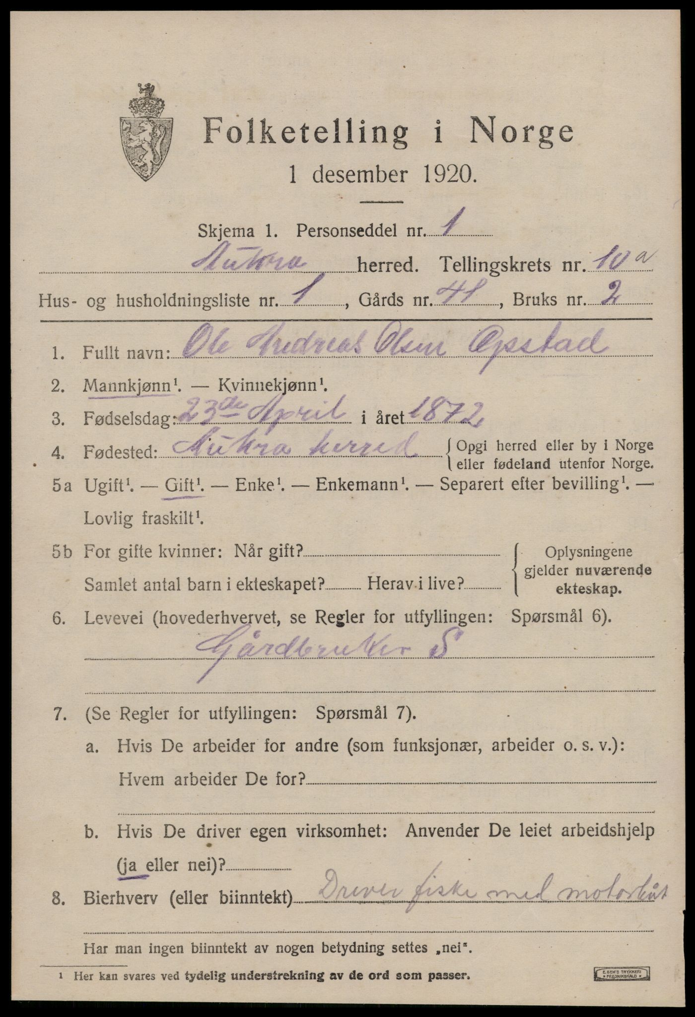 SAT, 1920 census for Aukra, 1920, p. 4839