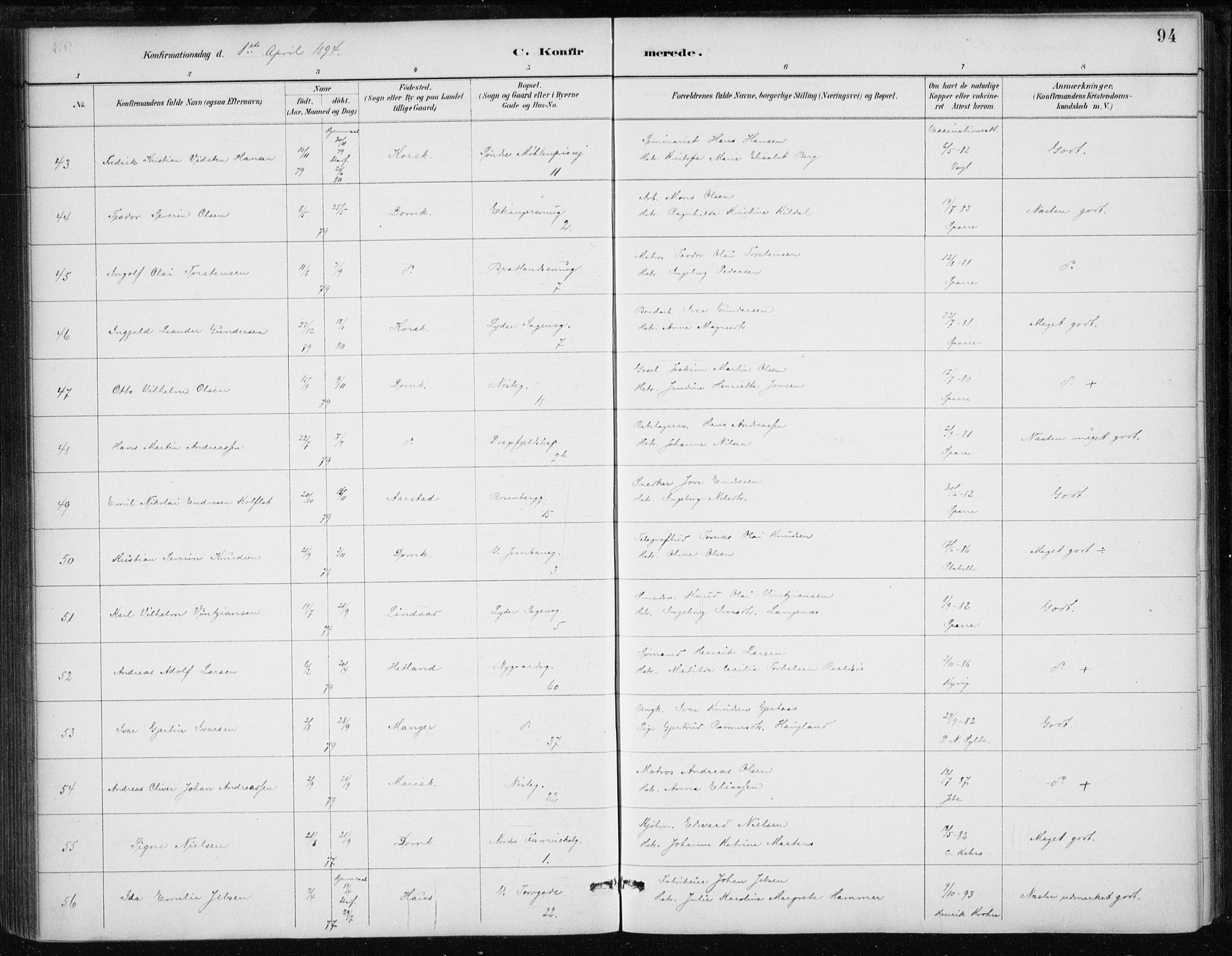 Johanneskirken sokneprestembete, AV/SAB-A-76001/H/Haa/L0008: Parish register (official) no. C 1, 1885-1907, p. 94