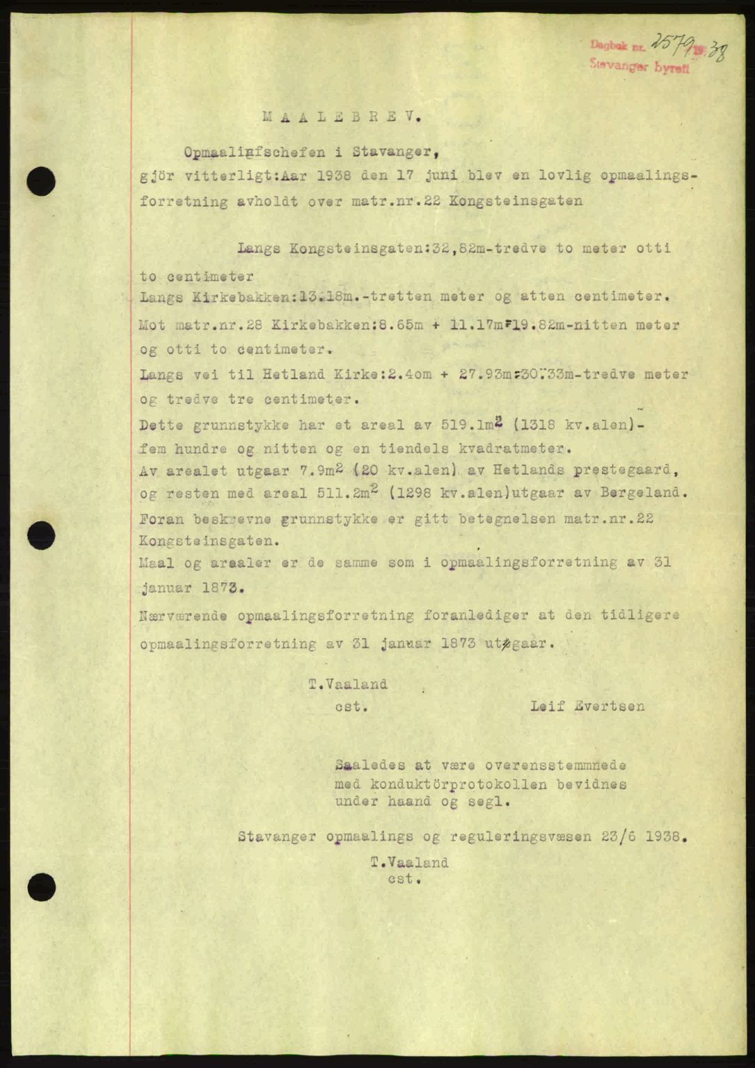Stavanger byrett, SAST/A-100455/002/G/Gb/L0014: Mortgage book no. A4, 1938-1939, Diary no: : 2579/1938