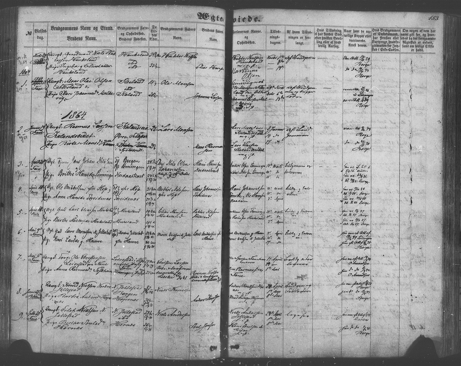 Fana Sokneprestembete, SAB/A-75101/H/Haa/Haaa/L0012: Parish register (official) no. A 12, 1862-1878, p. 153