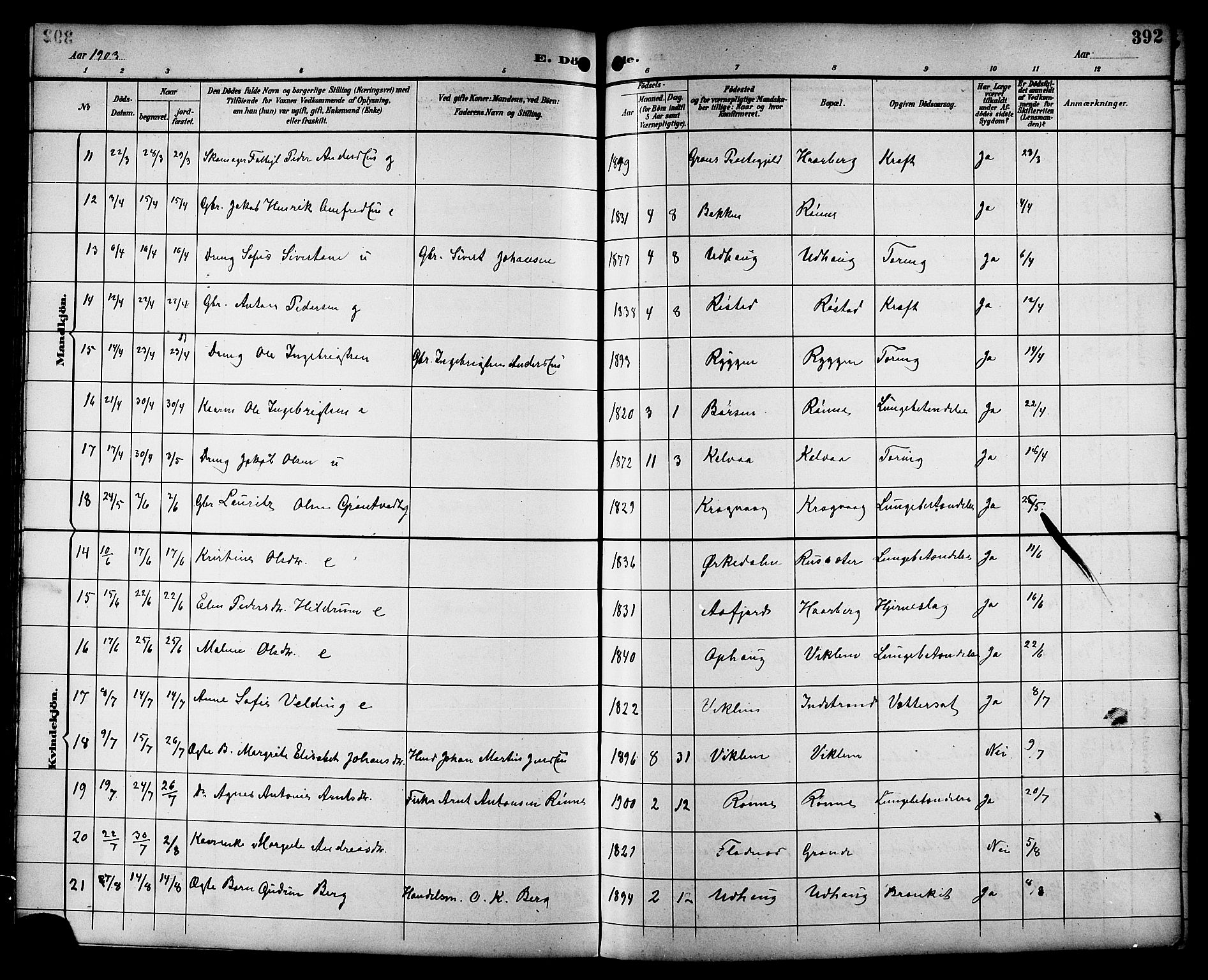 Ministerialprotokoller, klokkerbøker og fødselsregistre - Sør-Trøndelag, SAT/A-1456/659/L0746: Parish register (copy) no. 659C03, 1893-1912, p. 392