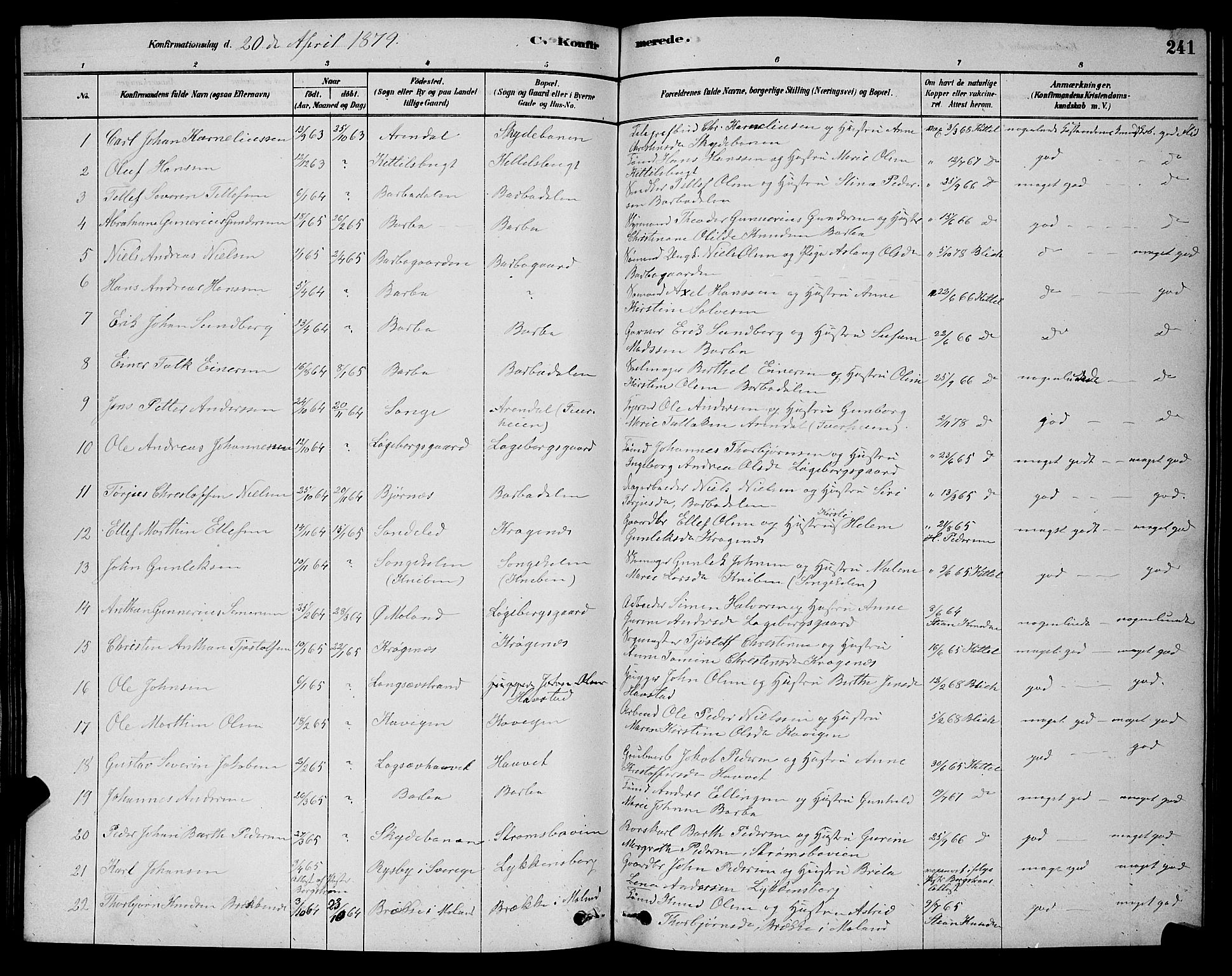 Barbu sokneprestkontor, AV/SAK-1111-0003/F/Fb/L0001: Parish register (copy) no. B 1, 1878-1890, p. 241