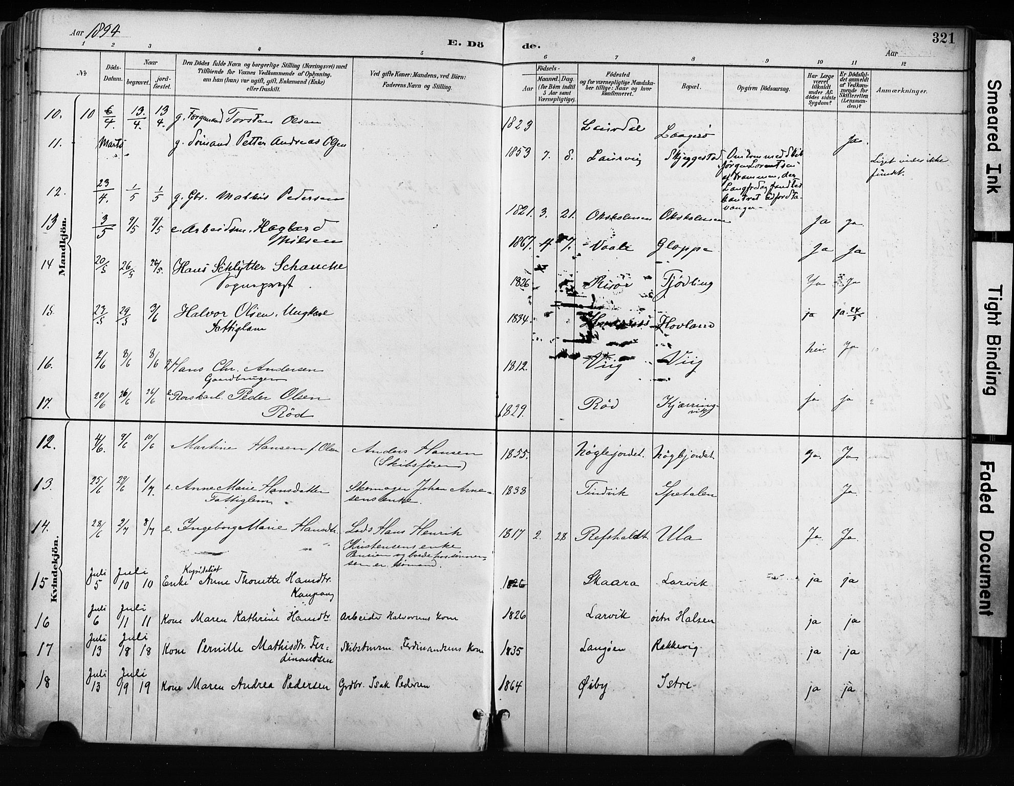 Tjølling kirkebøker, AV/SAKO-A-60/F/Fa/L0009: Parish register (official) no. 9, 1887-1905, p. 321