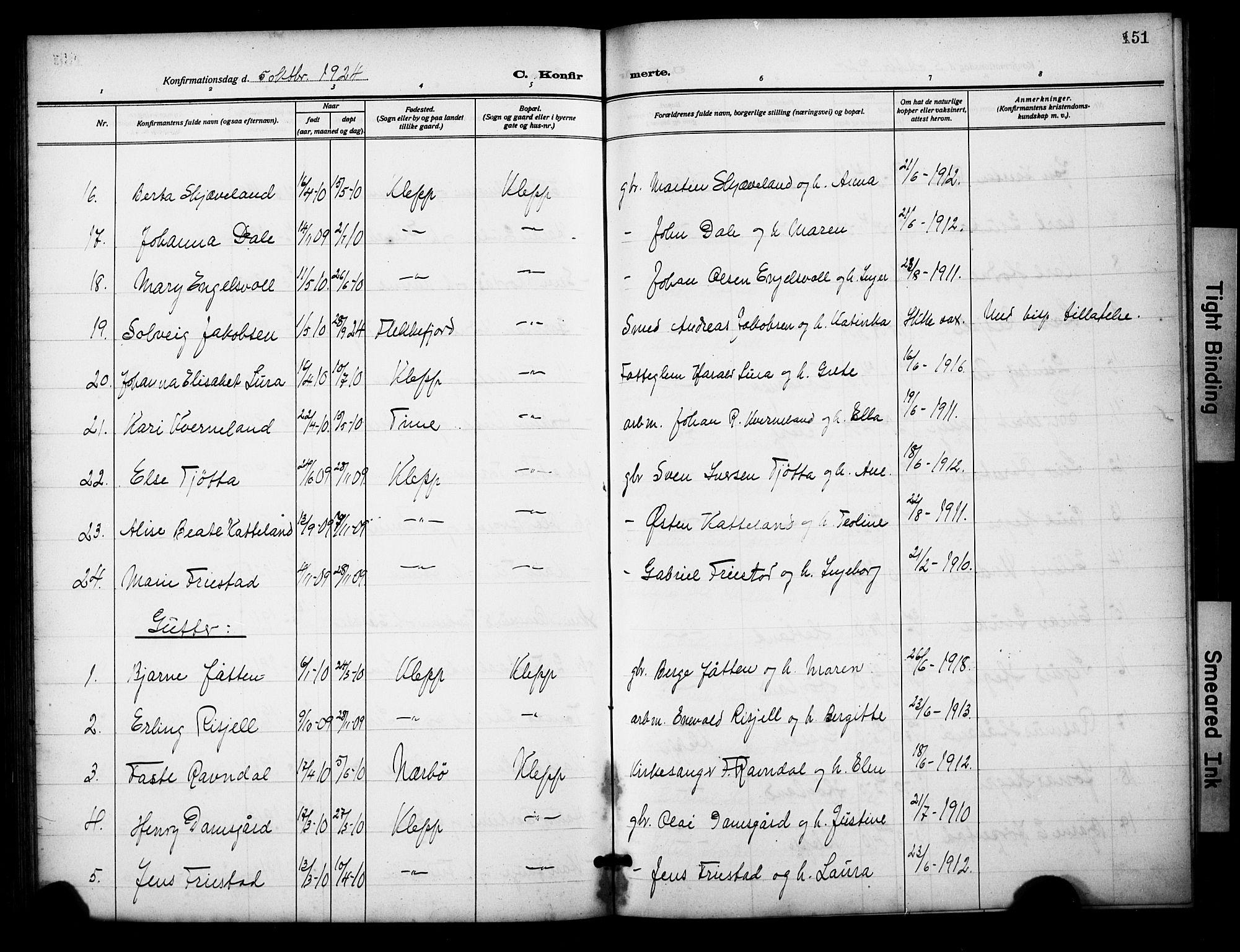 Klepp sokneprestkontor, AV/SAST-A-101803/001/3/30BB/L0007: Parish register (copy) no. B 7, 1908-1934, p. 151