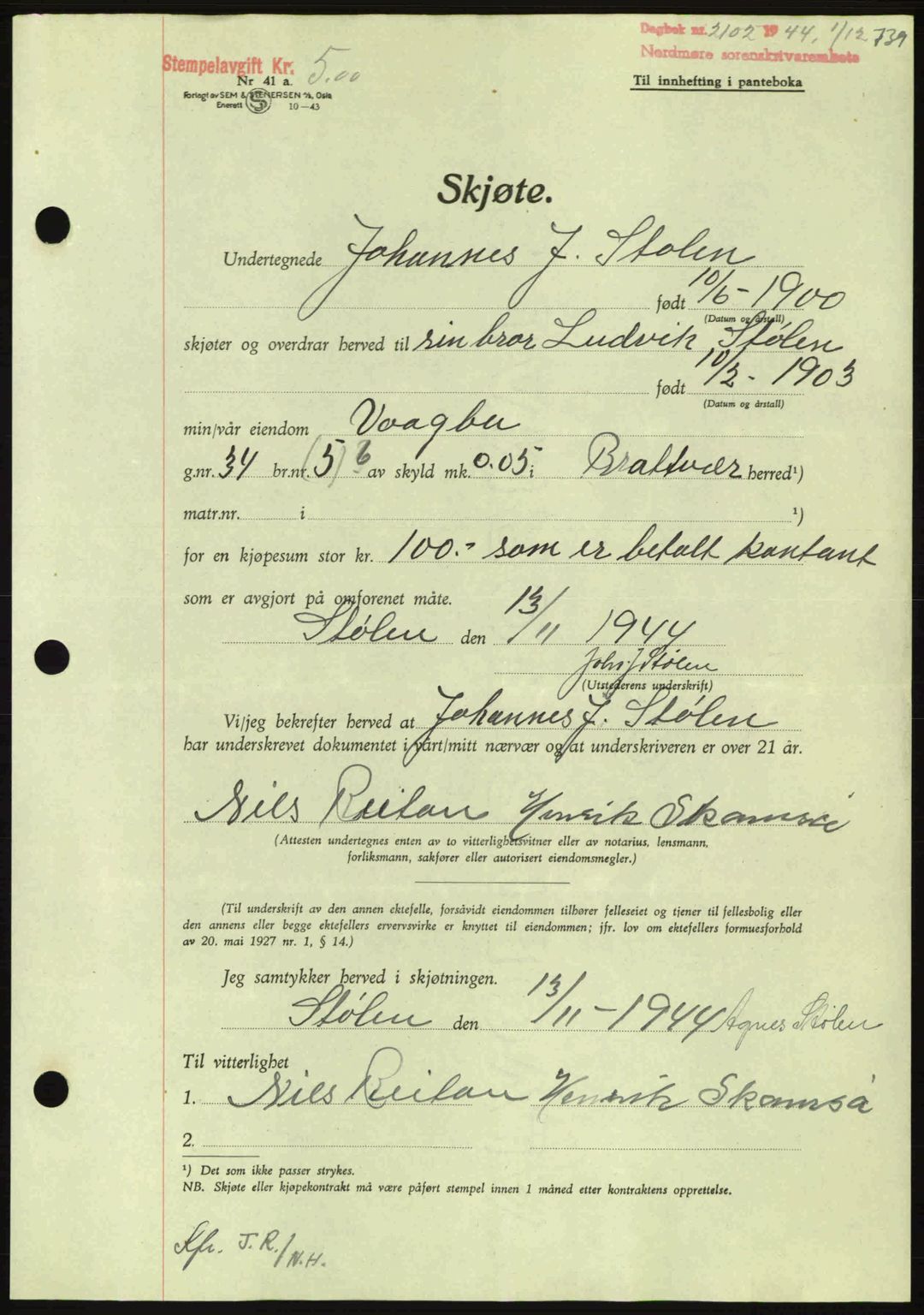 Nordmøre sorenskriveri, AV/SAT-A-4132/1/2/2Ca: Mortgage book no. A98, 1944-1944, Diary no: : 2102/1944