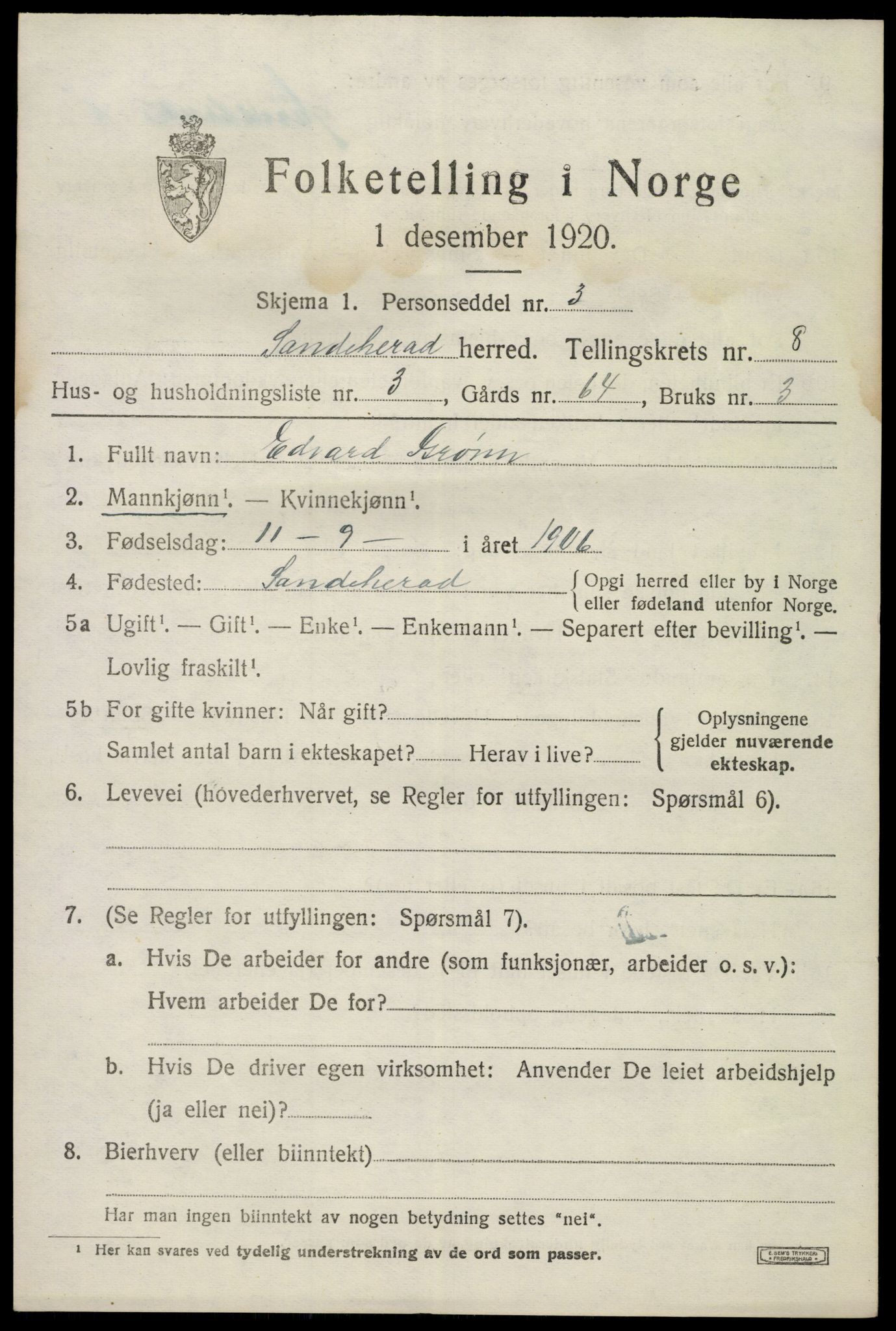 SAKO, 1920 census for Sandeherred, 1920, p. 12742