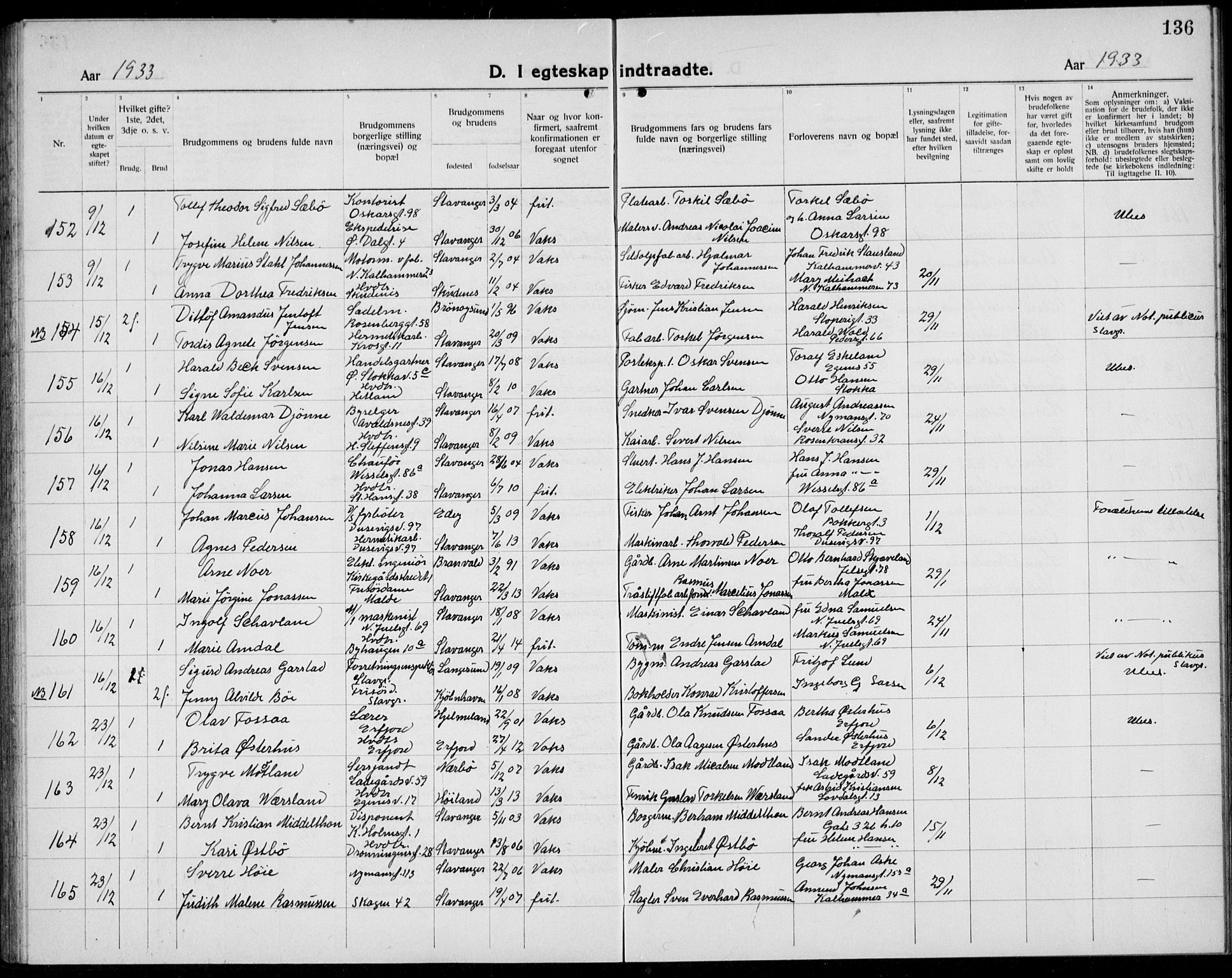 Domkirken sokneprestkontor, SAST/A-101812/001/30/30BB/L0020: Parish register (copy) no. B 20, 1921-1937, p. 136