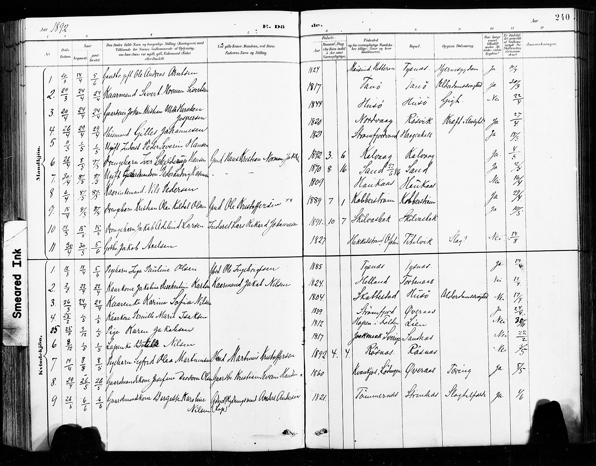 Ministerialprotokoller, klokkerbøker og fødselsregistre - Nordland, AV/SAT-A-1459/859/L0847: Parish register (official) no. 859A07, 1890-1899, p. 240