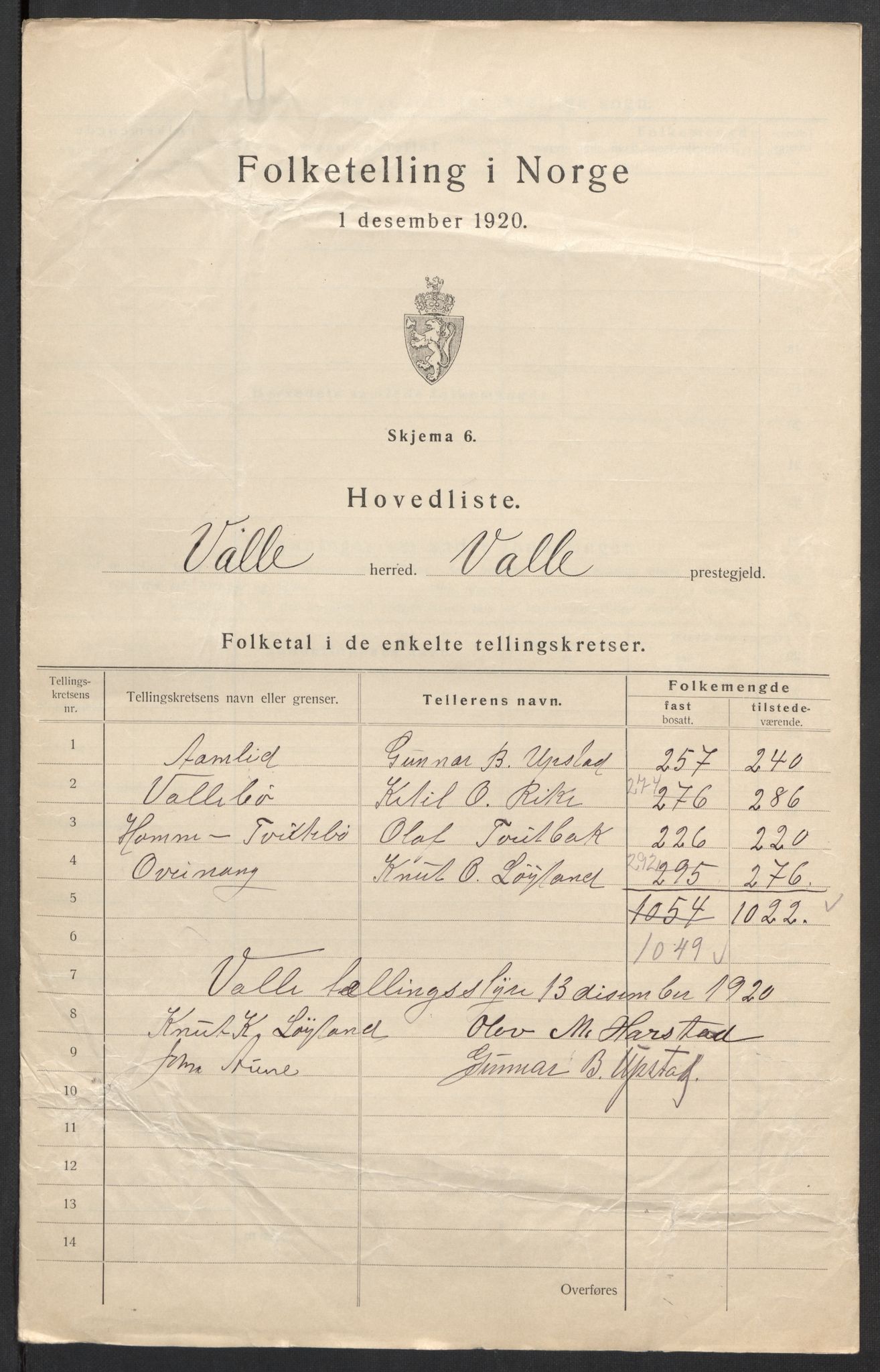 SAK, 1920 census for Valle, 1920, p. 6