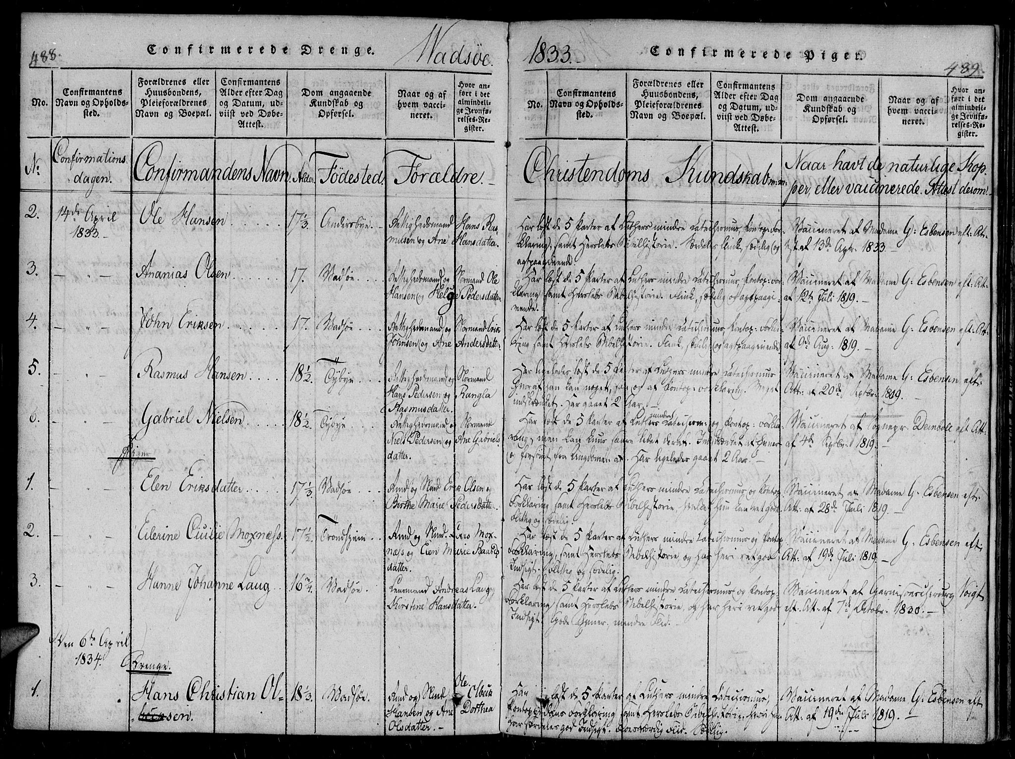 Vadsø sokneprestkontor, SATØ/S-1325/H/Ha/L0003kirke: Parish register (official) no. 3 /1, 1821-1839, p. 488-489