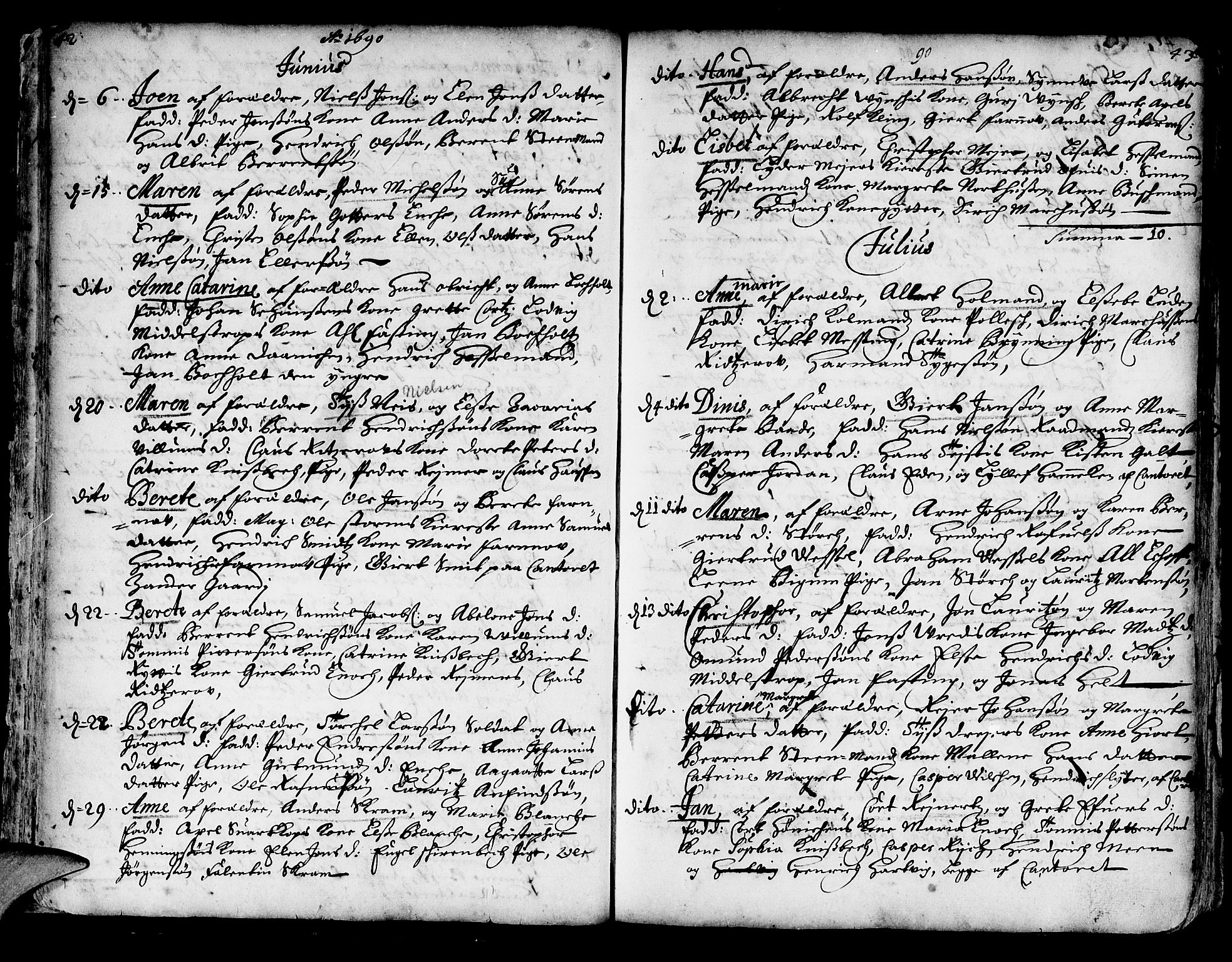 Korskirken sokneprestembete, AV/SAB-A-76101/H/Haa/L0002: Parish register (official) no. A 2, 1688-1697, p. 42-43