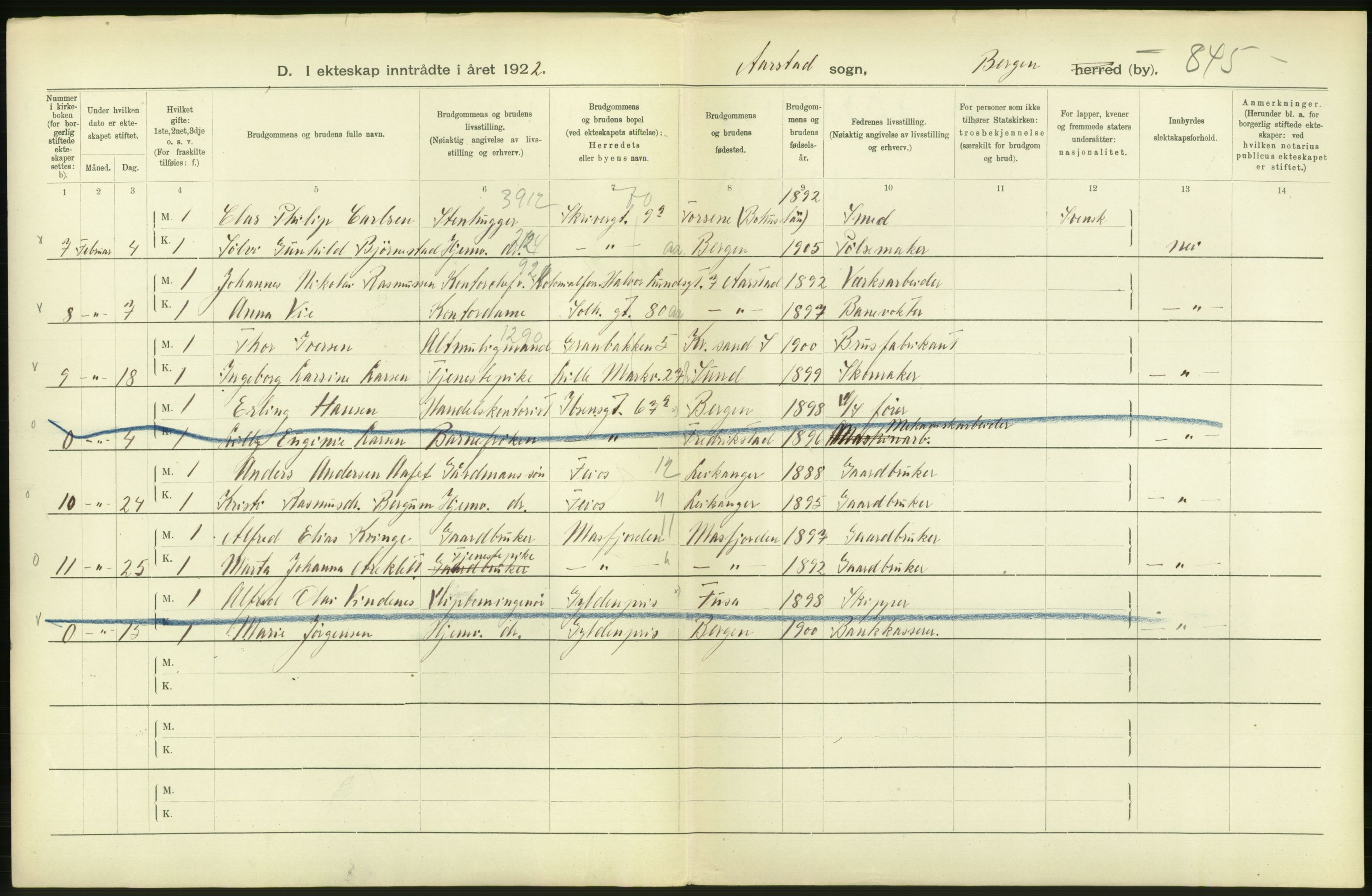 Statistisk sentralbyrå, Sosiodemografiske emner, Befolkning, AV/RA-S-2228/D/Df/Dfc/Dfcb/L0030: Bergen: Gifte, døde, dødfødte., 1922, p. 36