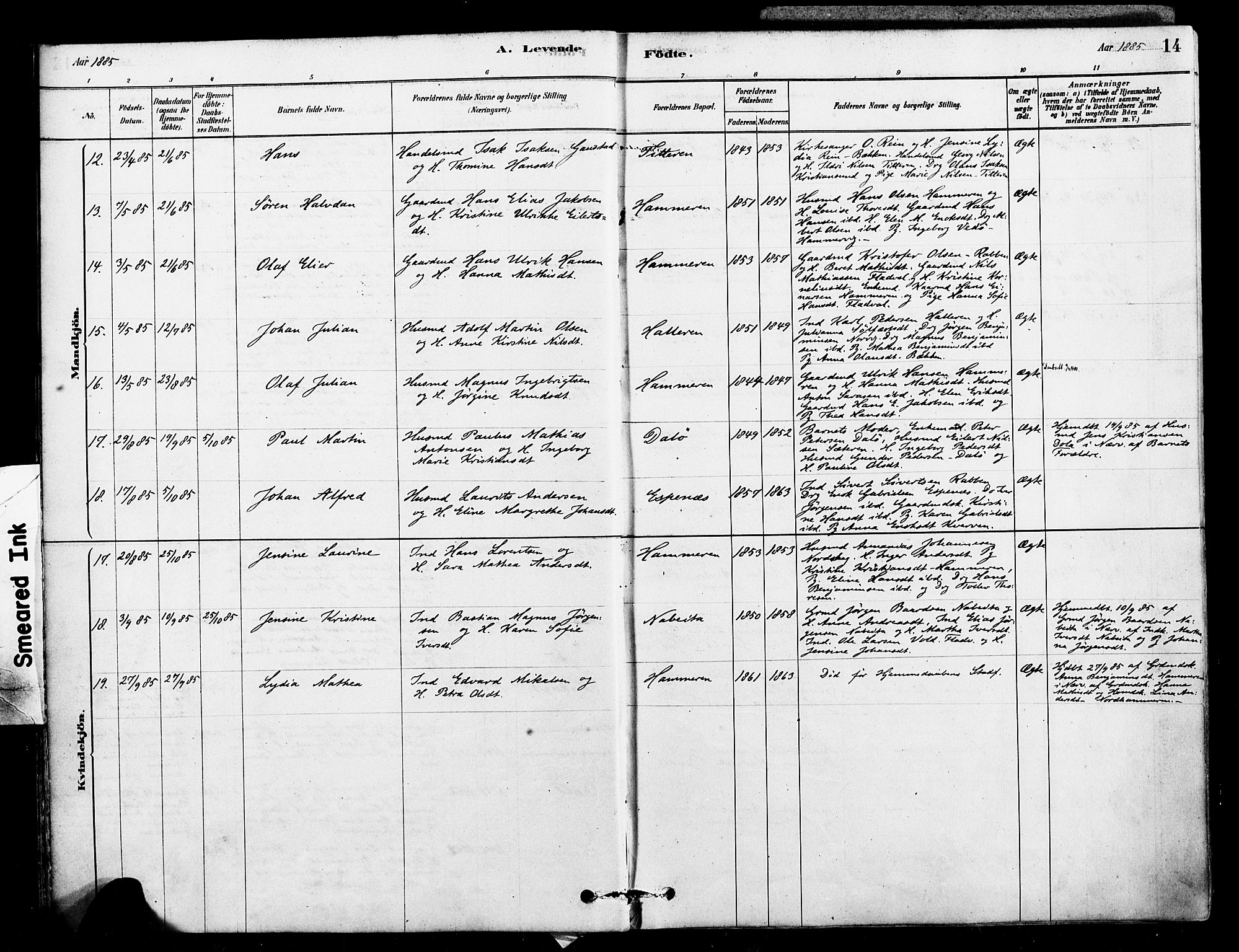 Ministerialprotokoller, klokkerbøker og fødselsregistre - Sør-Trøndelag, AV/SAT-A-1456/641/L0595: Parish register (official) no. 641A01, 1882-1897, p. 14