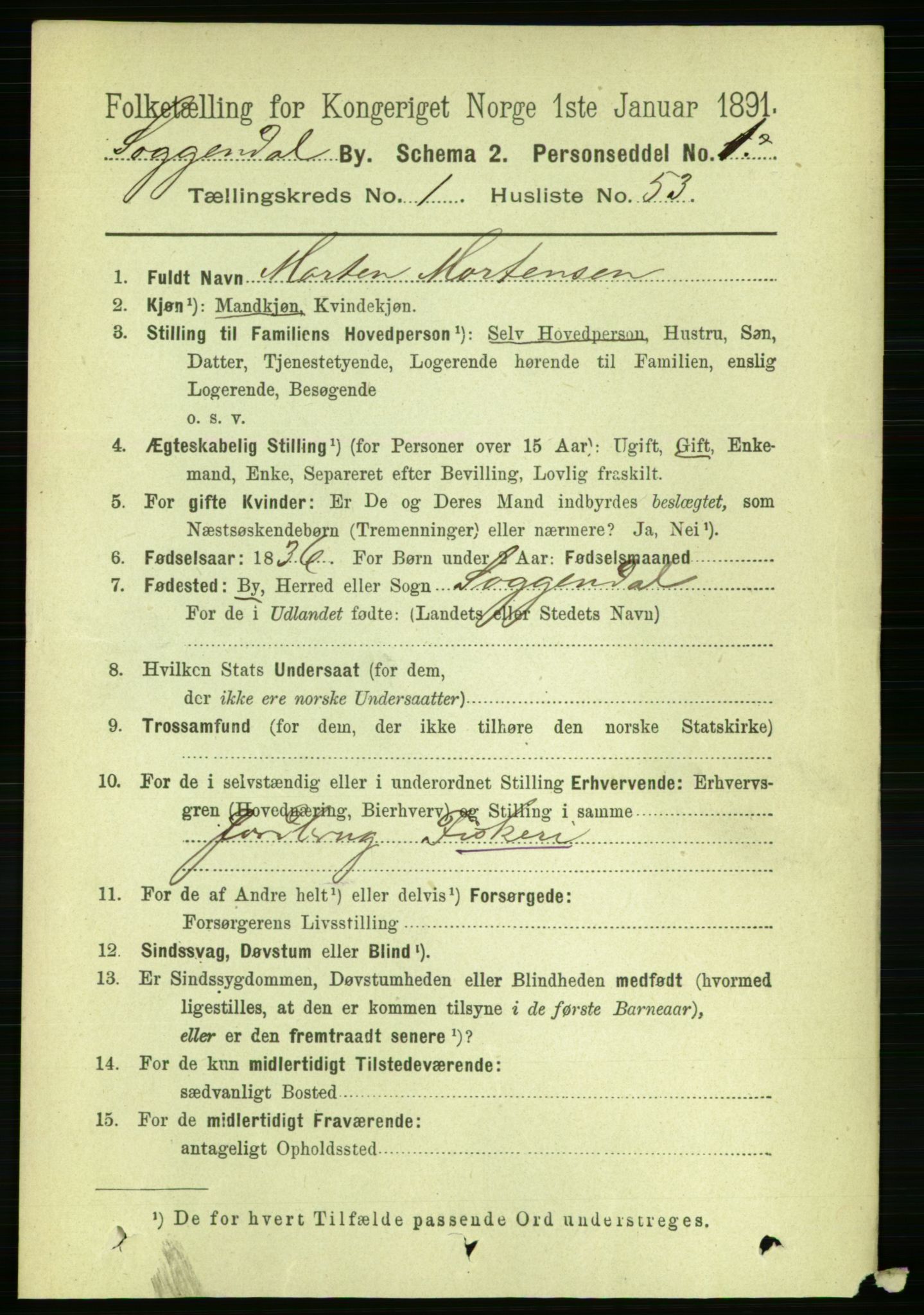 RA, 1891 census for 1107 Sokndal, 1891, p. 278