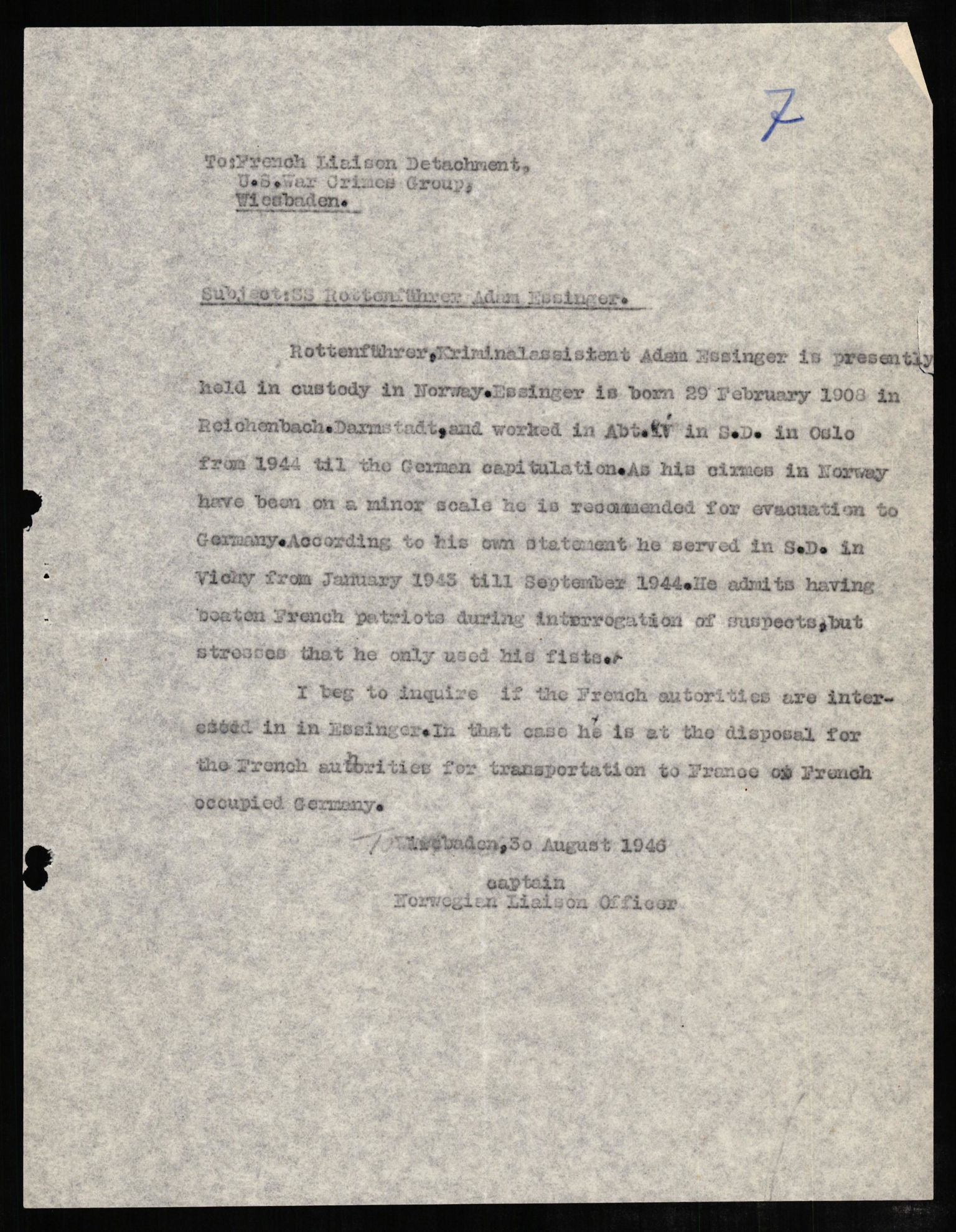 Forsvaret, Forsvarets overkommando II, RA/RAFA-3915/D/Db/L0007: CI Questionaires. Tyske okkupasjonsstyrker i Norge. Tyskere., 1945-1946, p. 319