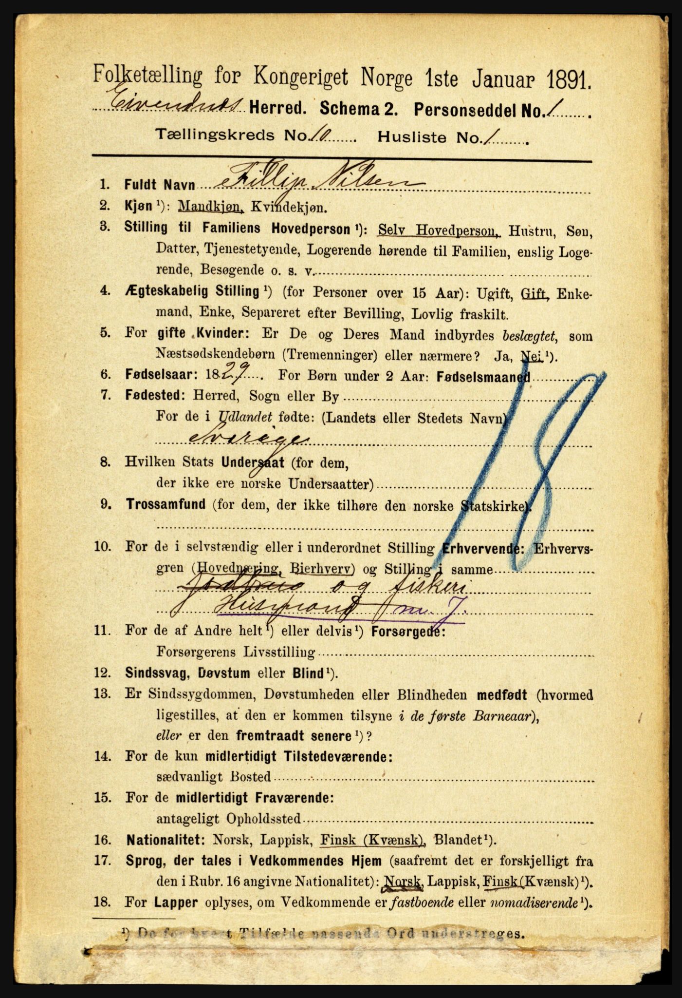 RA, 1891 census for 1853 Evenes, 1891, p. 3131