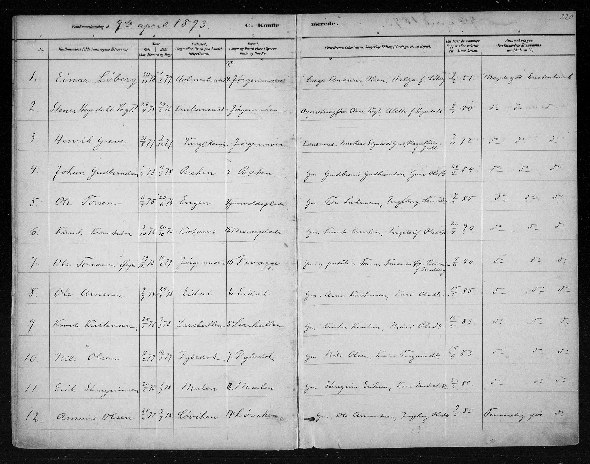 Nes kirkebøker, SAKO/A-236/F/Fa/L0011: Parish register (official) no. 11, 1881-1912, p. 220