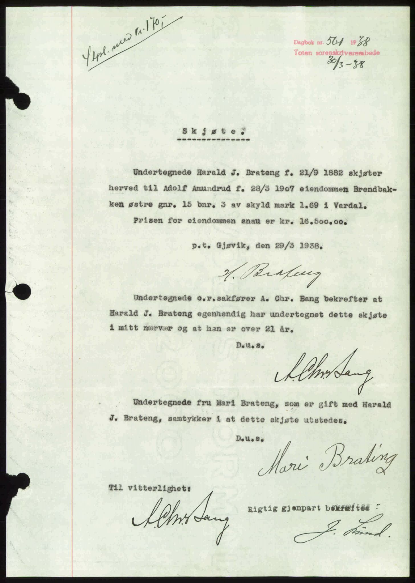 Toten tingrett, SAH/TING-006/H/Hb/Hbc/L0003: Mortgage book no. Hbc-03, 1937-1938, Diary no: : 561/1938