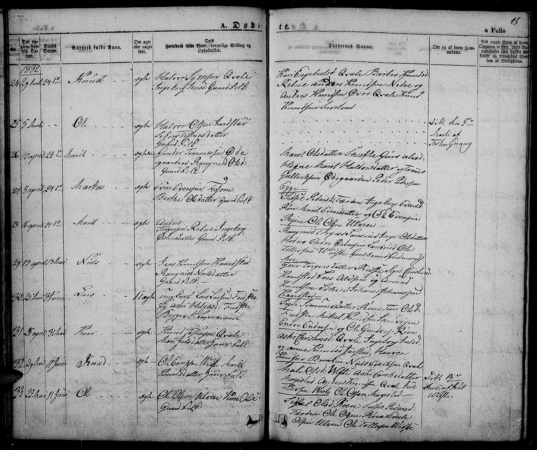 Slidre prestekontor, SAH/PREST-134/H/Ha/Haa/L0003: Parish register (official) no. 3, 1831-1843, p. 15