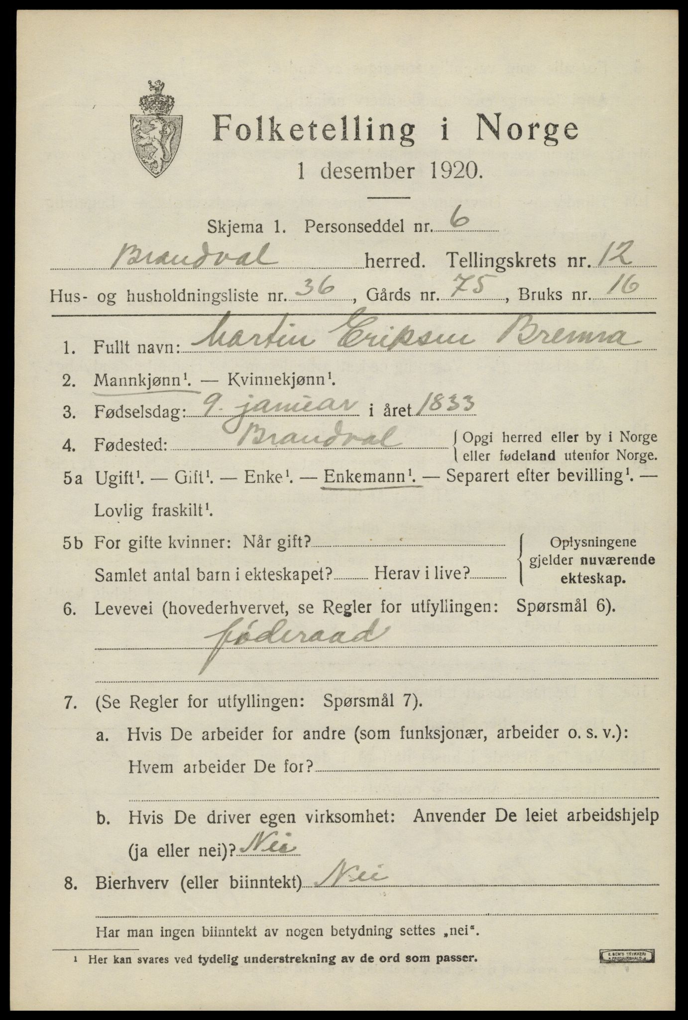 SAH, 1920 census for Brandval, 1920, p. 8860