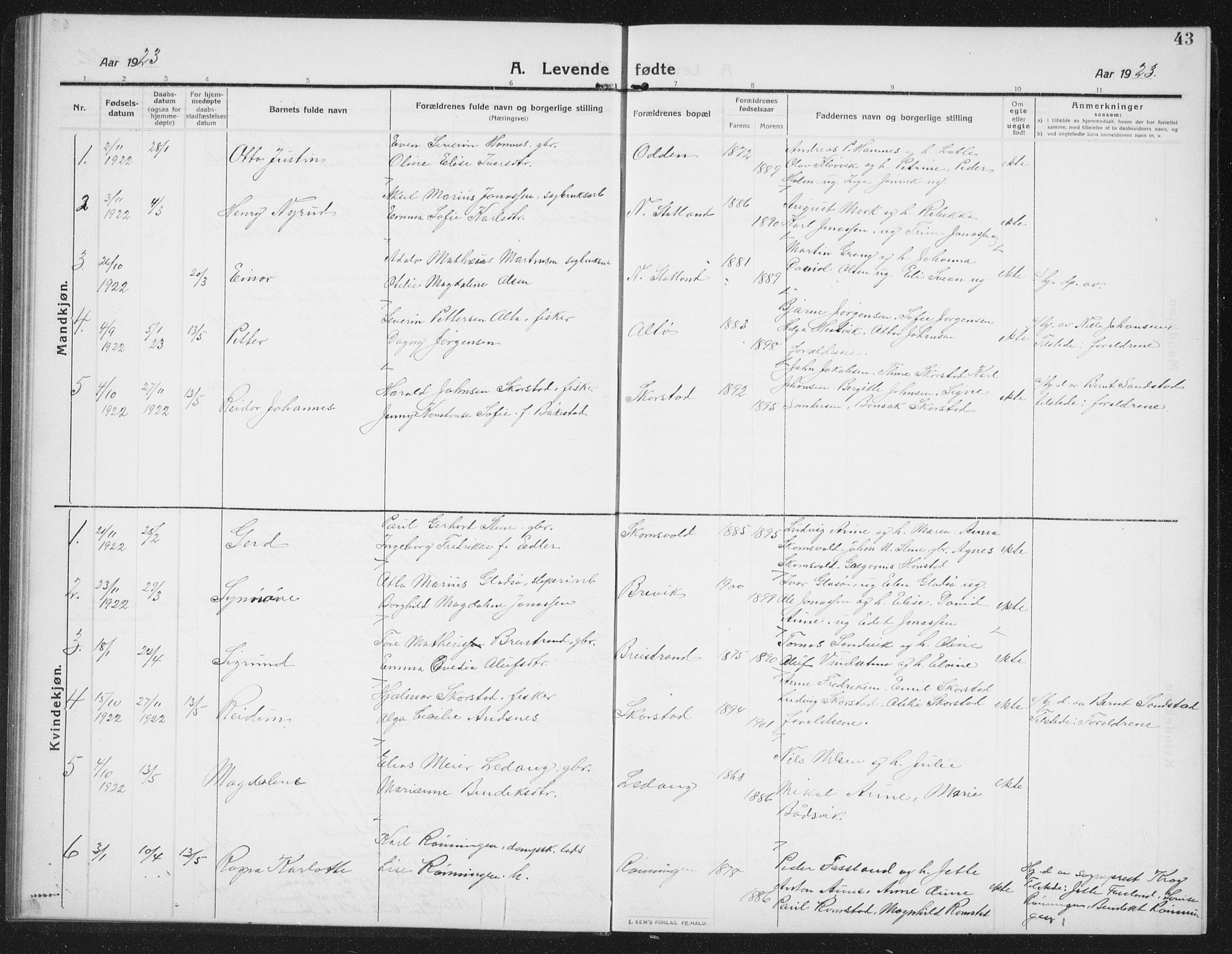 Ministerialprotokoller, klokkerbøker og fødselsregistre - Nord-Trøndelag, SAT/A-1458/774/L0630: Parish register (copy) no. 774C01, 1910-1934, p. 43