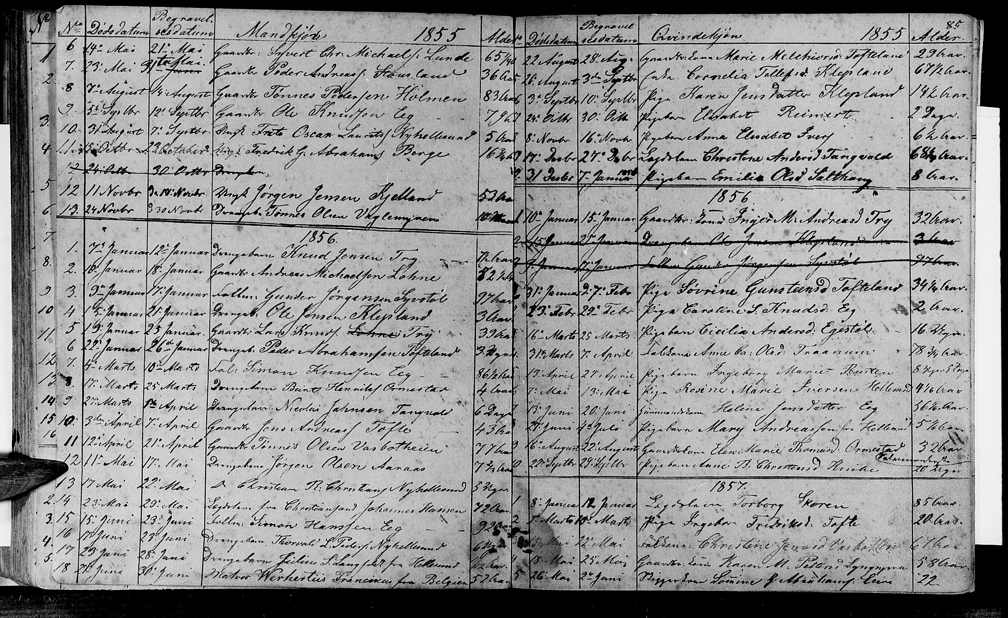 Søgne sokneprestkontor, SAK/1111-0037/F/Fb/Fbb/L0003: Parish register (copy) no. B 3, 1848-1864, p. 85