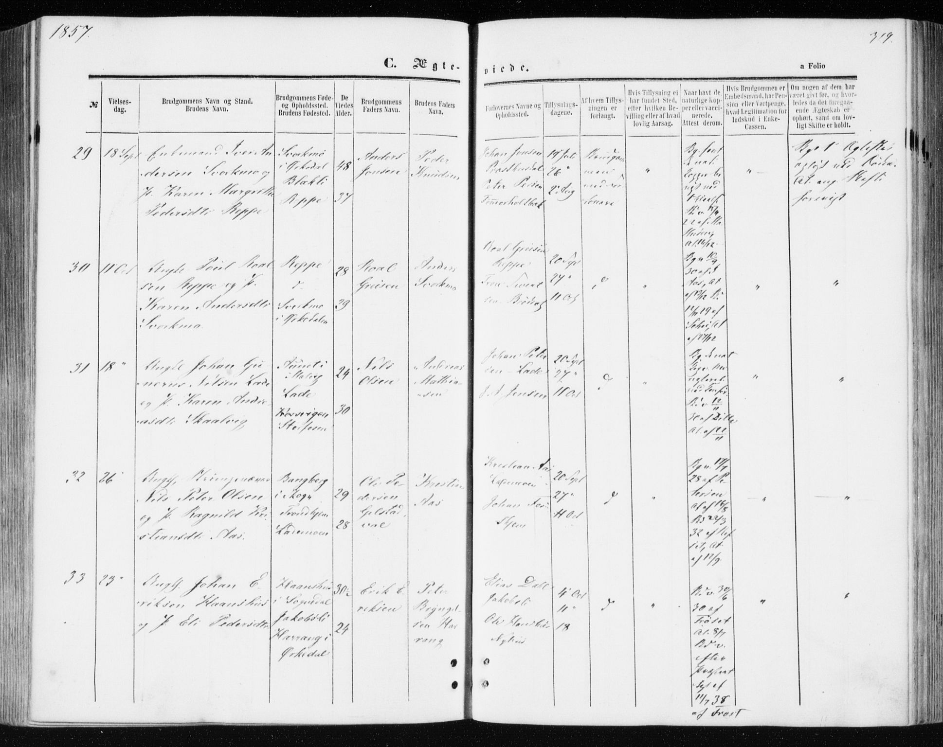 Ministerialprotokoller, klokkerbøker og fødselsregistre - Sør-Trøndelag, SAT/A-1456/606/L0292: Parish register (official) no. 606A07, 1856-1865, p. 319