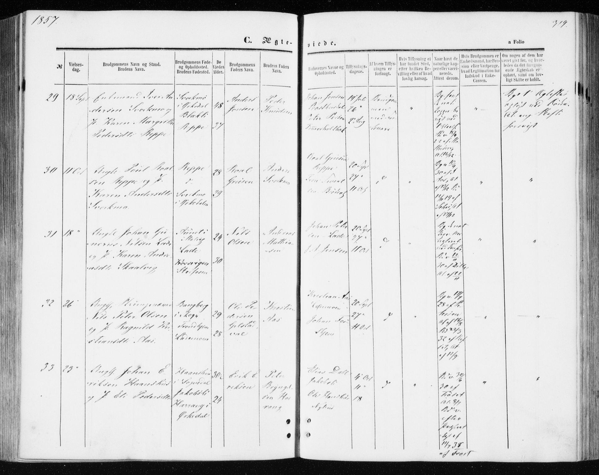 Ministerialprotokoller, klokkerbøker og fødselsregistre - Sør-Trøndelag, AV/SAT-A-1456/606/L0292: Parish register (official) no. 606A07, 1856-1865, p. 319