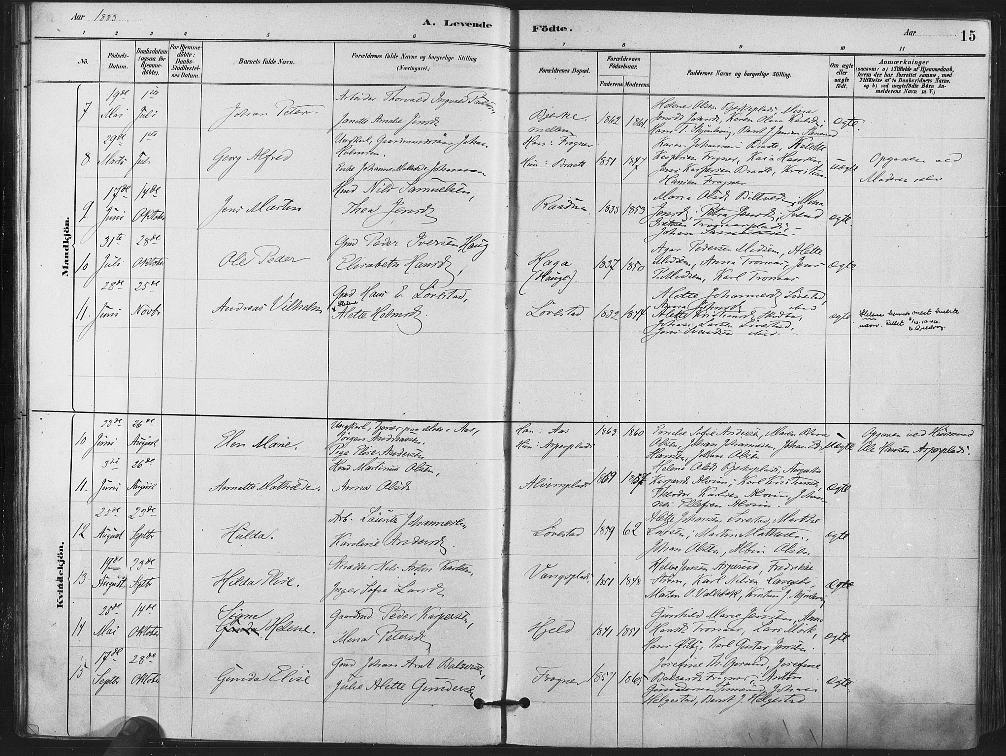 Kråkstad prestekontor Kirkebøker, SAO/A-10125a/F/Fa/L0009: Parish register (official) no. I 9, 1880-1892, p. 15