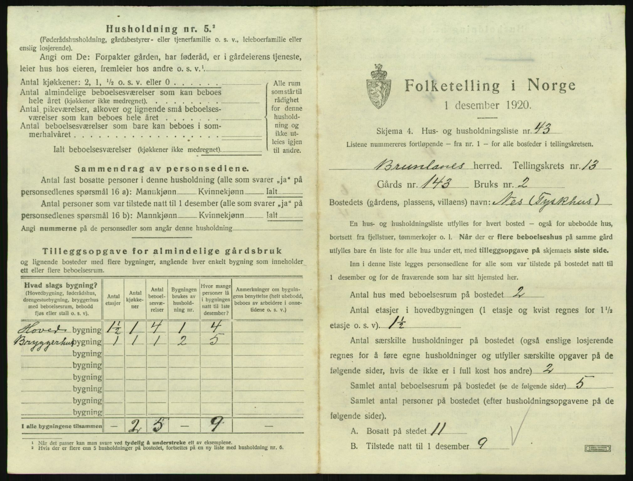 SAKO, 1920 census for Brunlanes, 1920, p. 1835