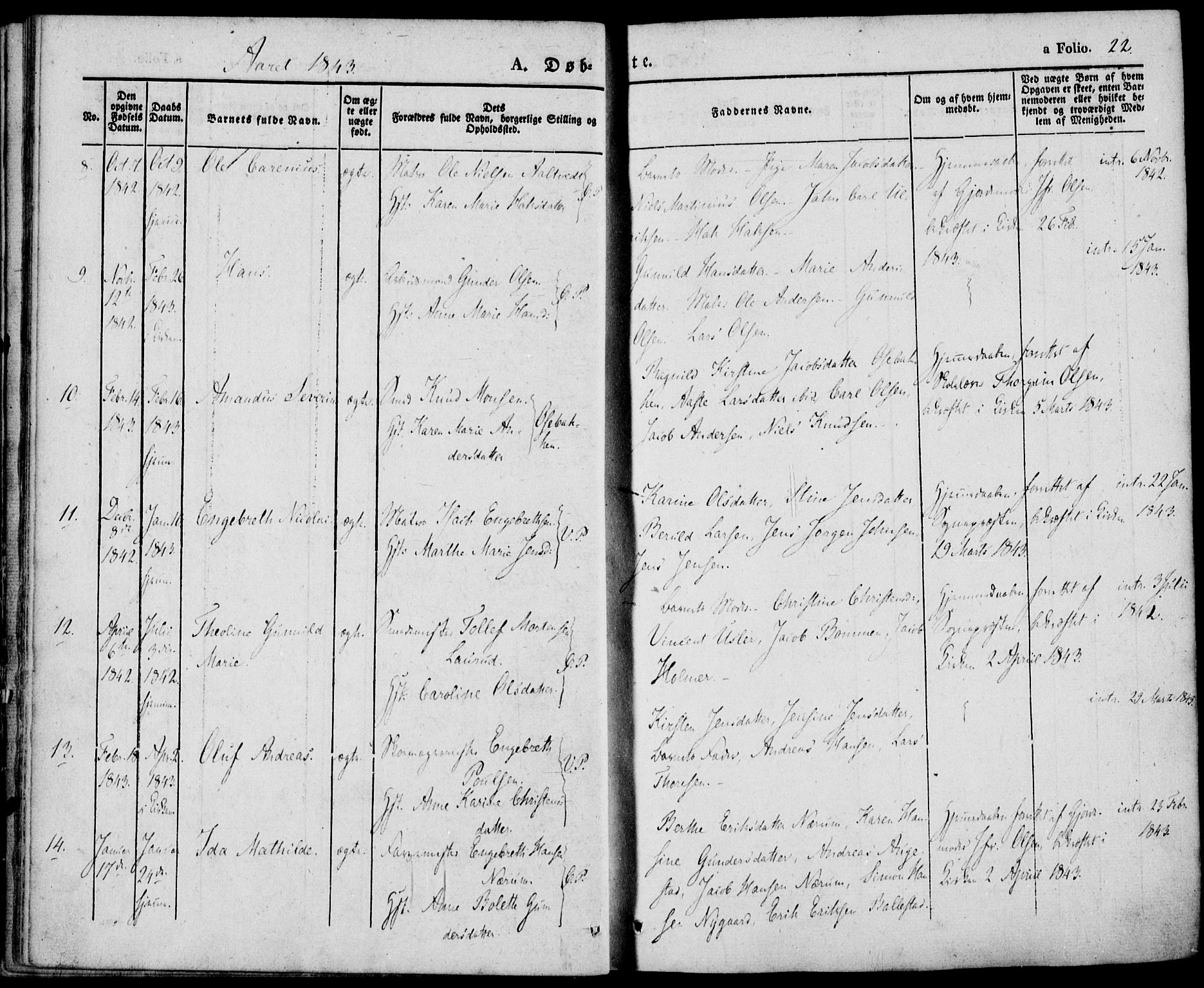 Porsgrunn kirkebøker , AV/SAKO-A-104/F/Fa/L0006: Parish register (official) no. 6, 1841-1857, p. 22