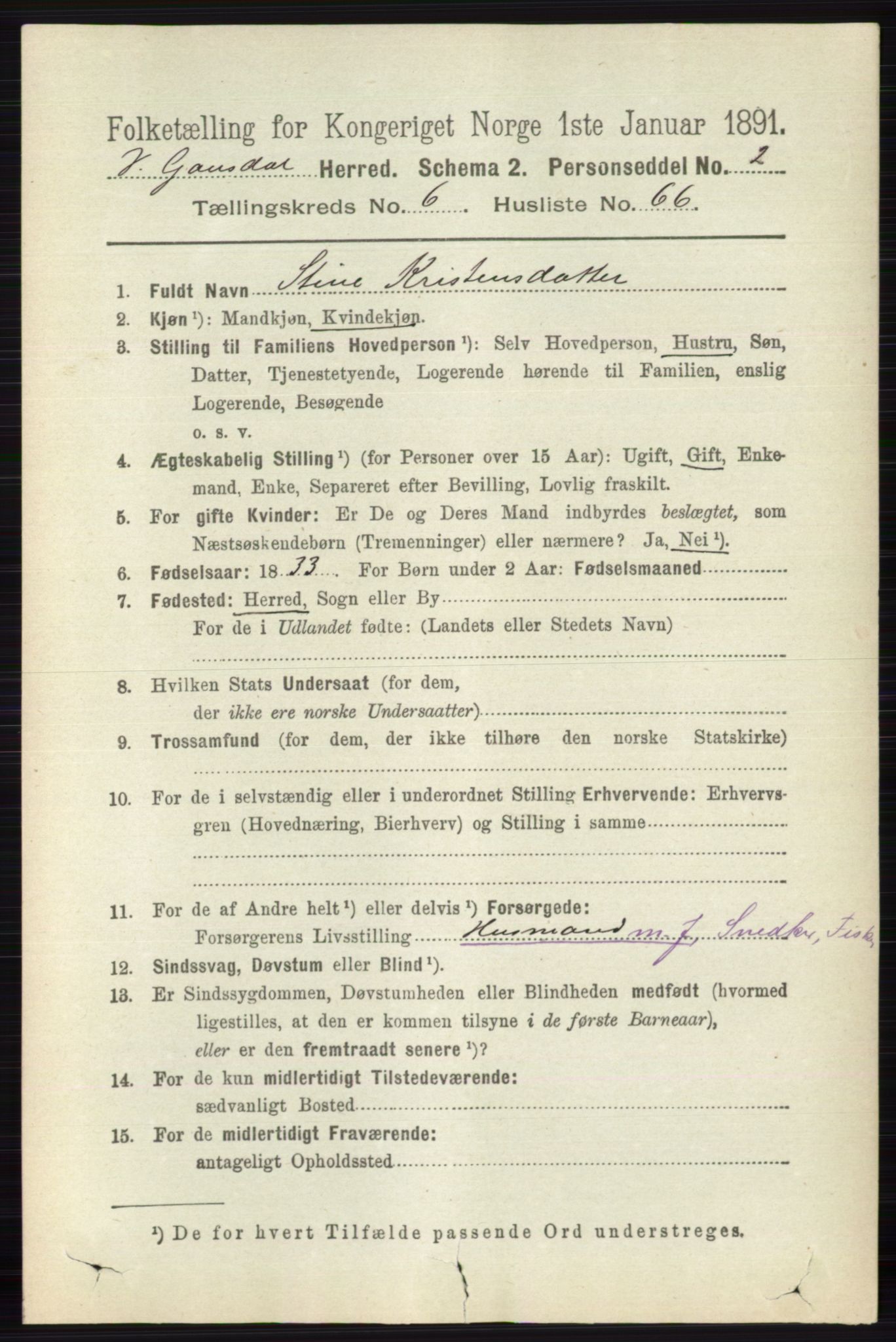 RA, 1891 census for 0523 Vestre Gausdal, 1891, p. 2903