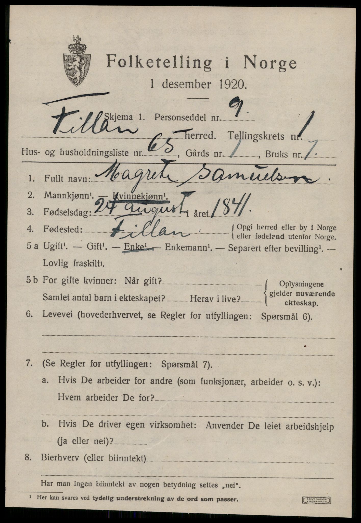 SAT, 1920 census for Fillan, 1920, p. 1322