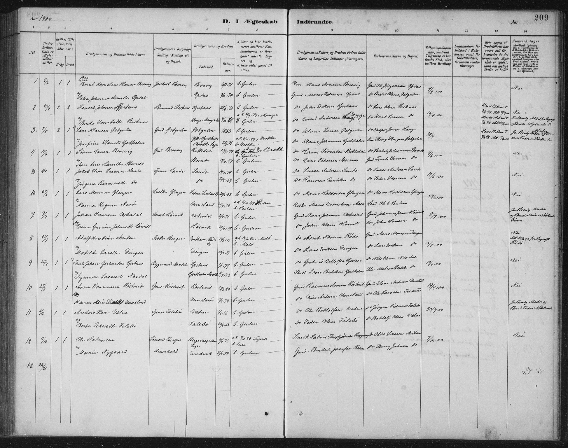 Gulen sokneprestembete, SAB/A-80201/H/Hab/Habb/L0003: Parish register (copy) no. B 3, 1884-1907, p. 209