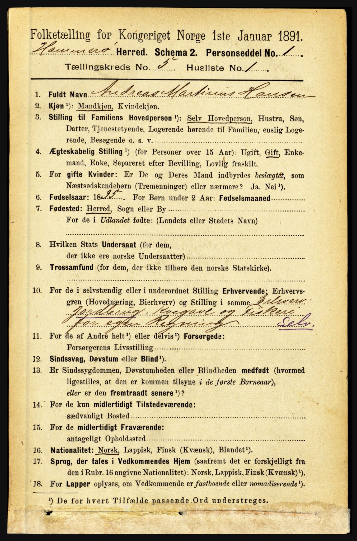 RA, 1891 census for 1849 Hamarøy, 1891, p. 2483