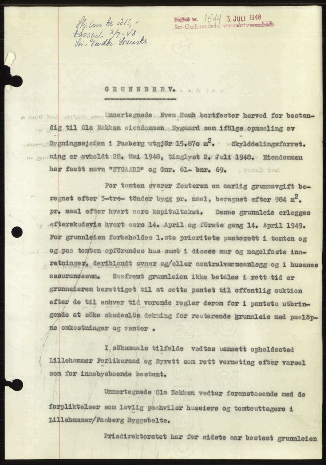Sør-Gudbrandsdal tingrett, SAH/TING-004/H/Hb/Hbd/L0022: Mortgage book no. A22, 1948-1948, Diary no: : 1544/1948