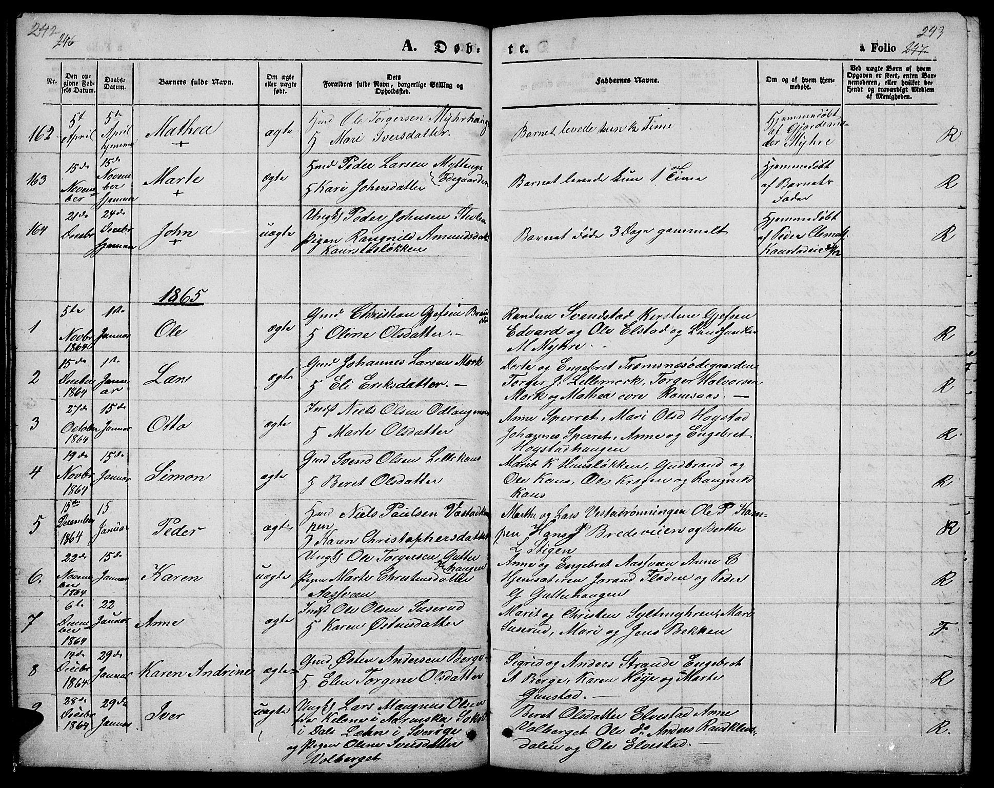 Ringebu prestekontor, SAH/PREST-082/H/Ha/Hab/L0003: Parish register (copy) no. 3, 1854-1866, p. 242-243