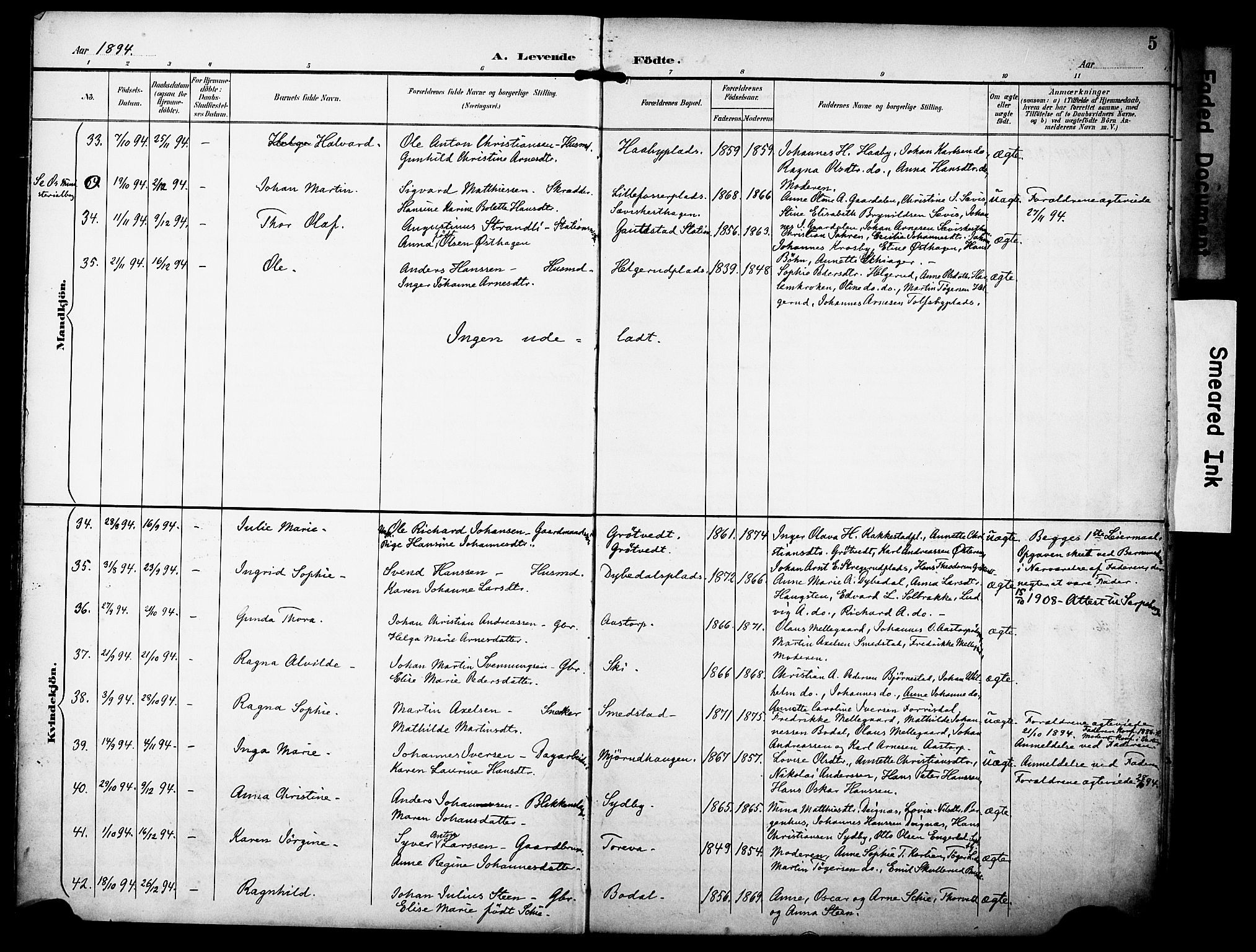 Rakkestad prestekontor Kirkebøker, AV/SAO-A-2008/F/Fa/L0013: Parish register (official) no. I 13, 1894-1908, p. 5