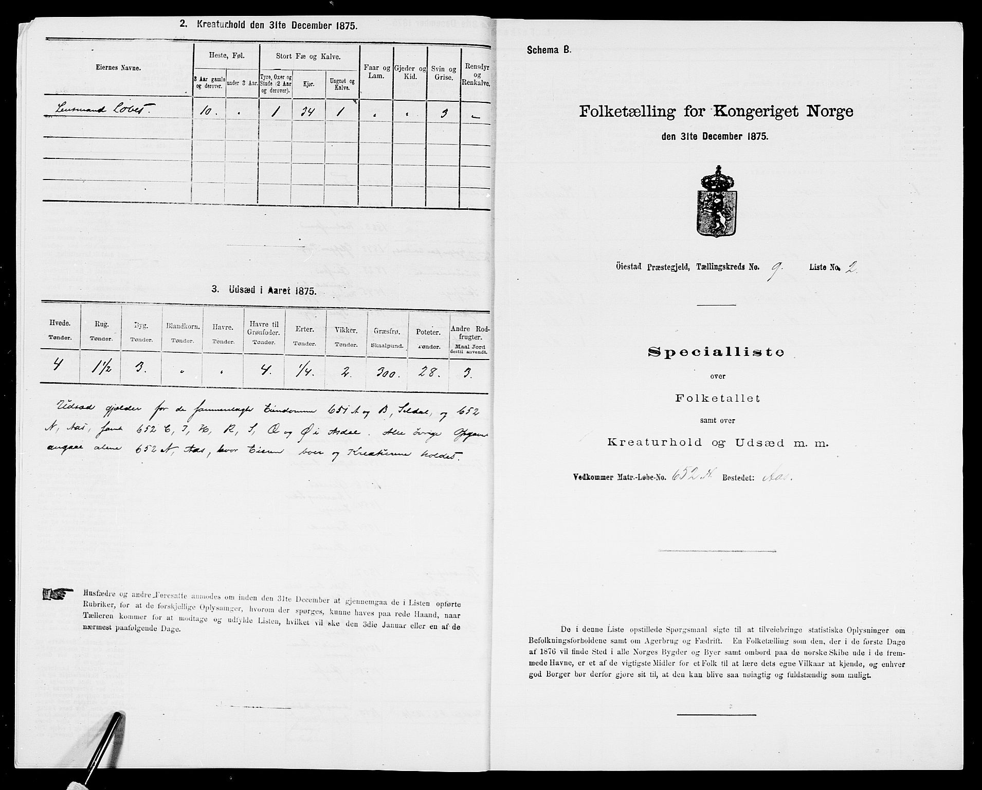 SAK, 1875 census for 0920P Øyestad, 1875, p. 1275