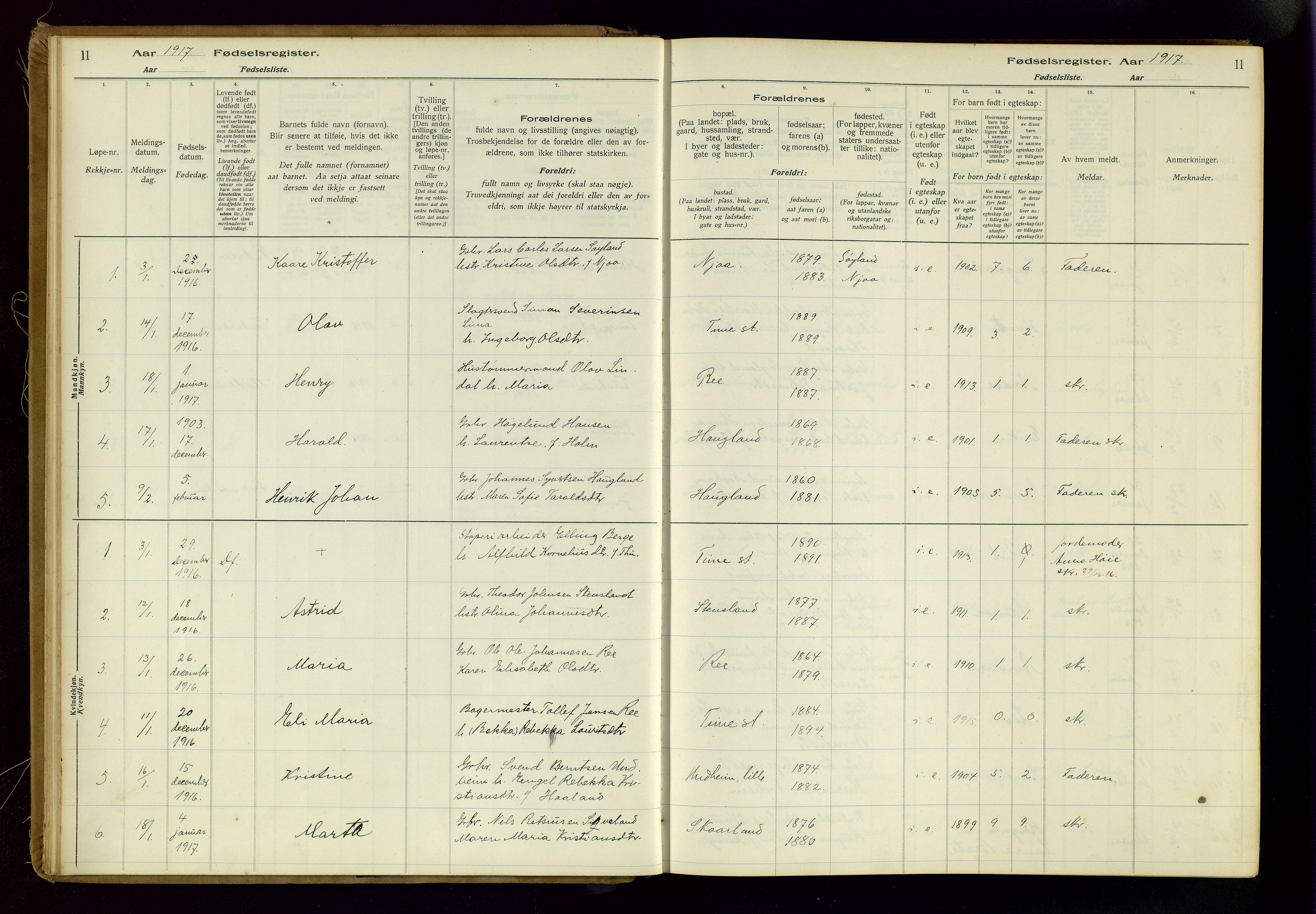 Time sokneprestkontor, SAST/A-101795/001/704BA/L0001: Birth register no. 1, 1916-1934, p. 11