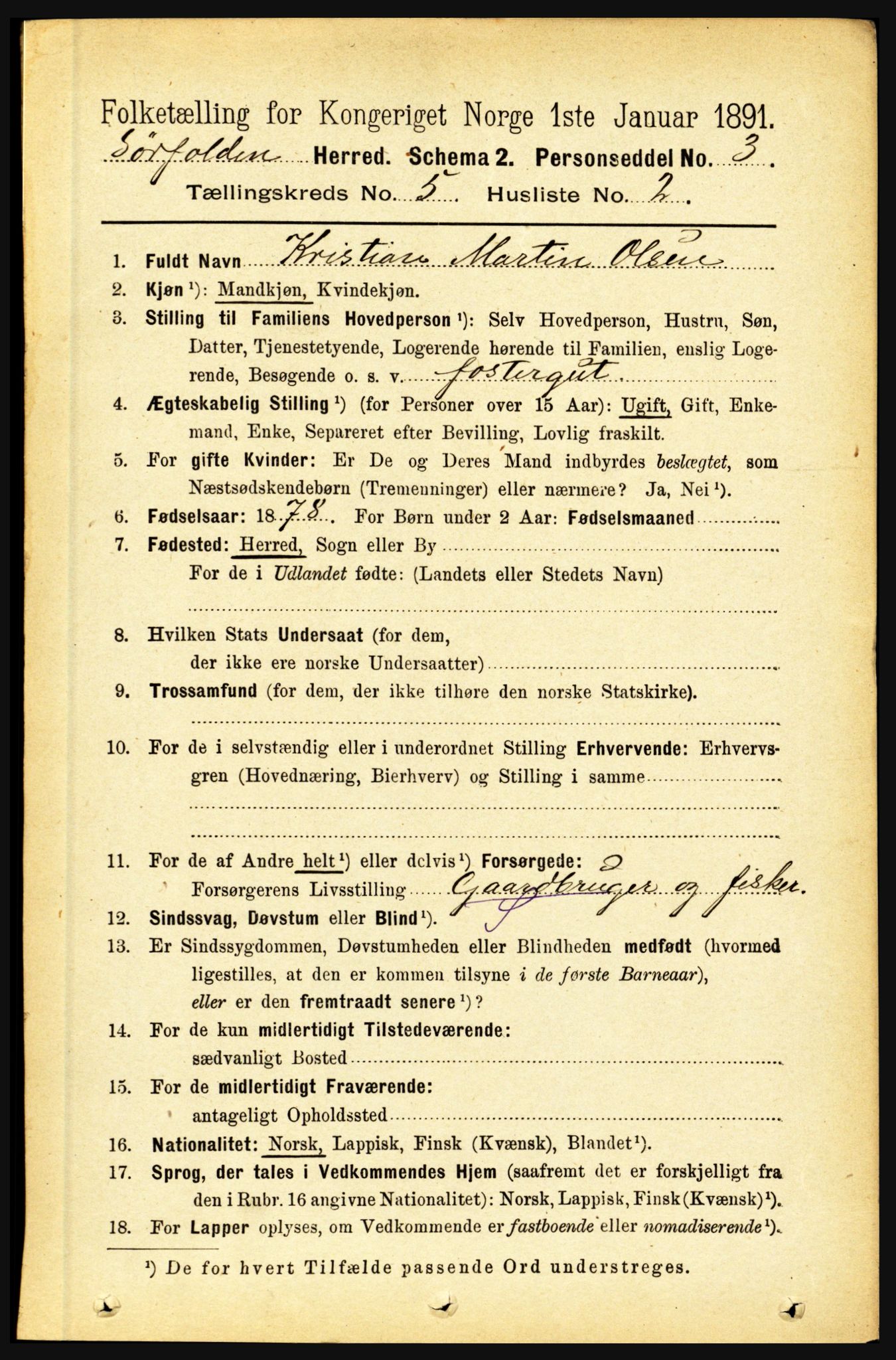 RA, 1891 census for 1845 Sørfold, 1891, p. 1372