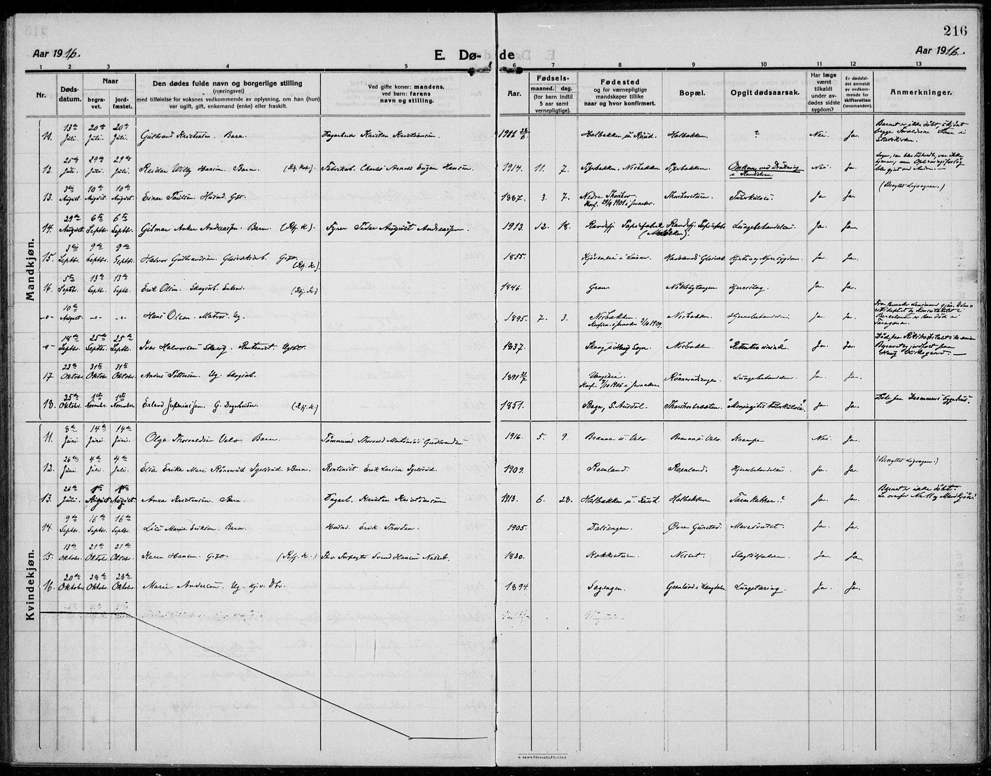 Jevnaker prestekontor, SAH/PREST-116/H/Ha/Haa/L0012: Parish register (official) no. 12, 1914-1924, p. 216