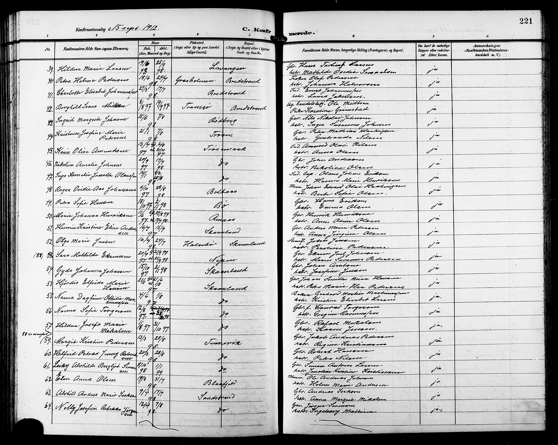 Trondenes sokneprestkontor, AV/SATØ-S-1319/H/Hb/L0012klokker: Parish register (copy) no. 12, 1907-1916, p. 221